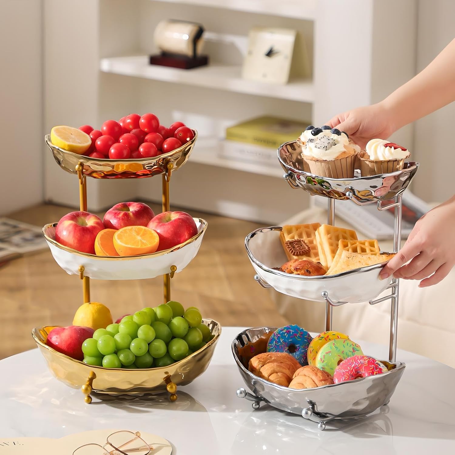XUDREZ 3 Tier Fruit Bowl with Metal Stand for Kitchen Counter, Ceramic White Gold Silver, Tiered Fruit Basket for Nuts, Snacks, Bread, Candy Storage (Silver)