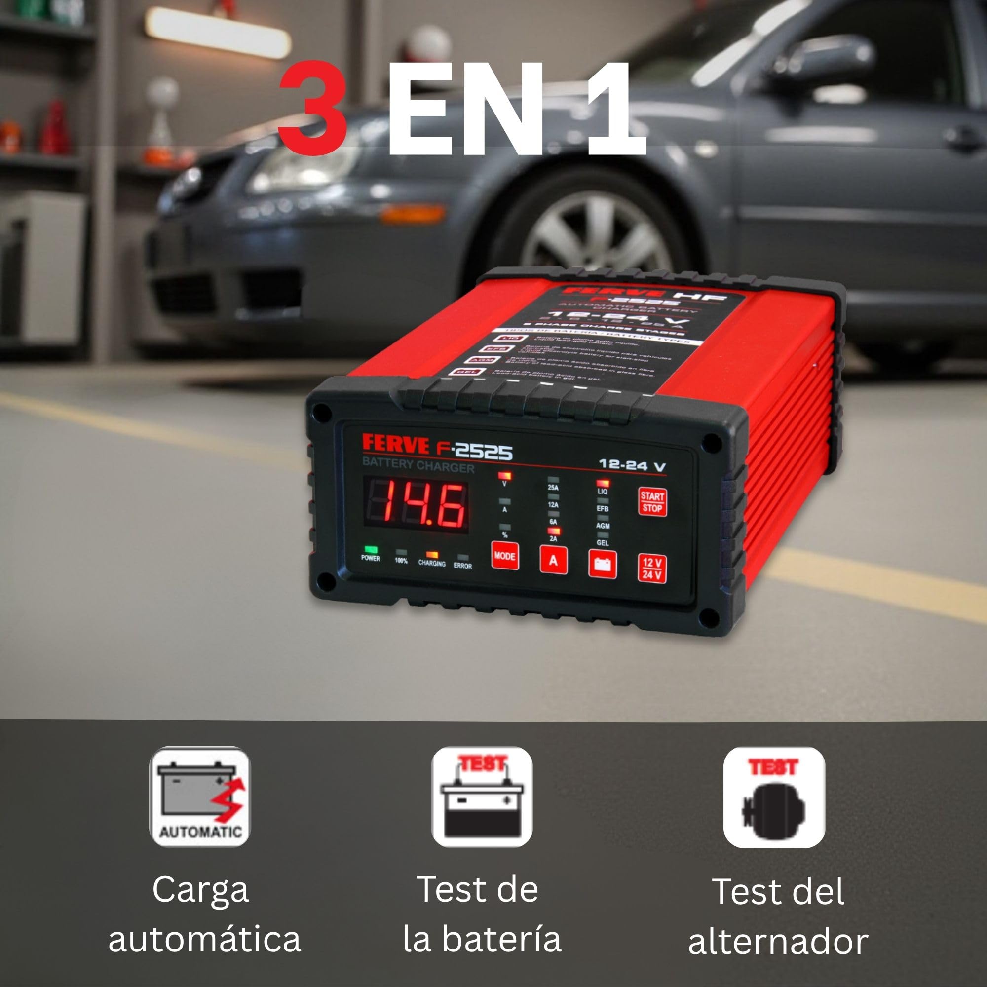 Ferve F-2525 Cargador de Baterías Automático - Mantenedor Inteligente 2-25A 12V/24V – Función Test y Alternador – Tecnología RF – Pantalla LED con Voltímetro y Amperímetro – para Baterías Plomo-Ácido