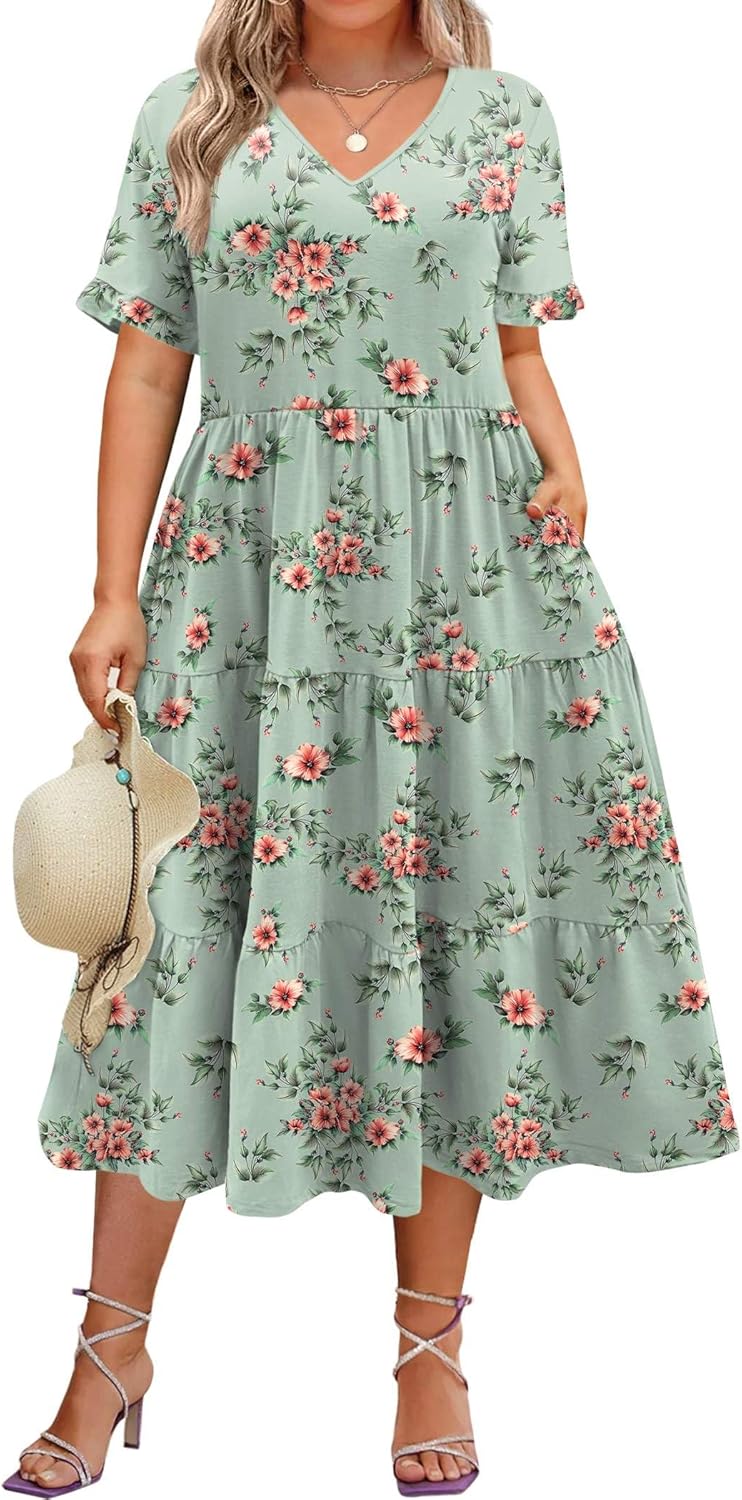 IN'VOLAND Womens Plus Size Short Sleeve Dress Summer Midi Casual Tiered V-Neck Aline Flowy Loose Dresses with Pockets