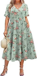 IN'VOLAND Womens Plus Size Short Sleeve Dress Summer Midi Casual Tiered V-Neck Aline Flowy Loose Dresses with Pockets