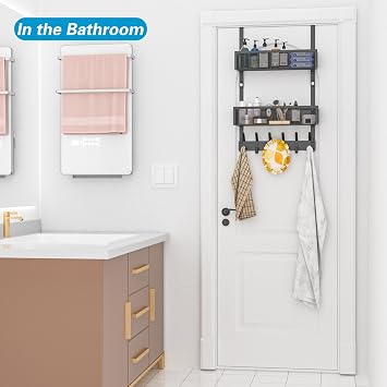 Over The Door Hooks Organizer, Over The Door Towel Rack with 12 Coat Hooks and 2 Mesh Basket, Bathroom Door Organizer Back of Door Hanger Organizer for Bedroom, Kitchen(Black) | 12 Coat Hooks and 2 Mesh Basket,Space-Saving,Back Storage Organizer,Over The Door Towel Rack,for Bathroom,Bedroom,Kitchen