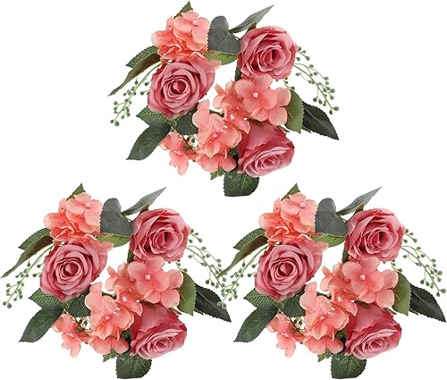 BESPORTBLE Anillos florales para velas, coronas de rosas artificiales, corona de velas para pilares de primavera, 3 pulgadas7.9 in, 3 piezas