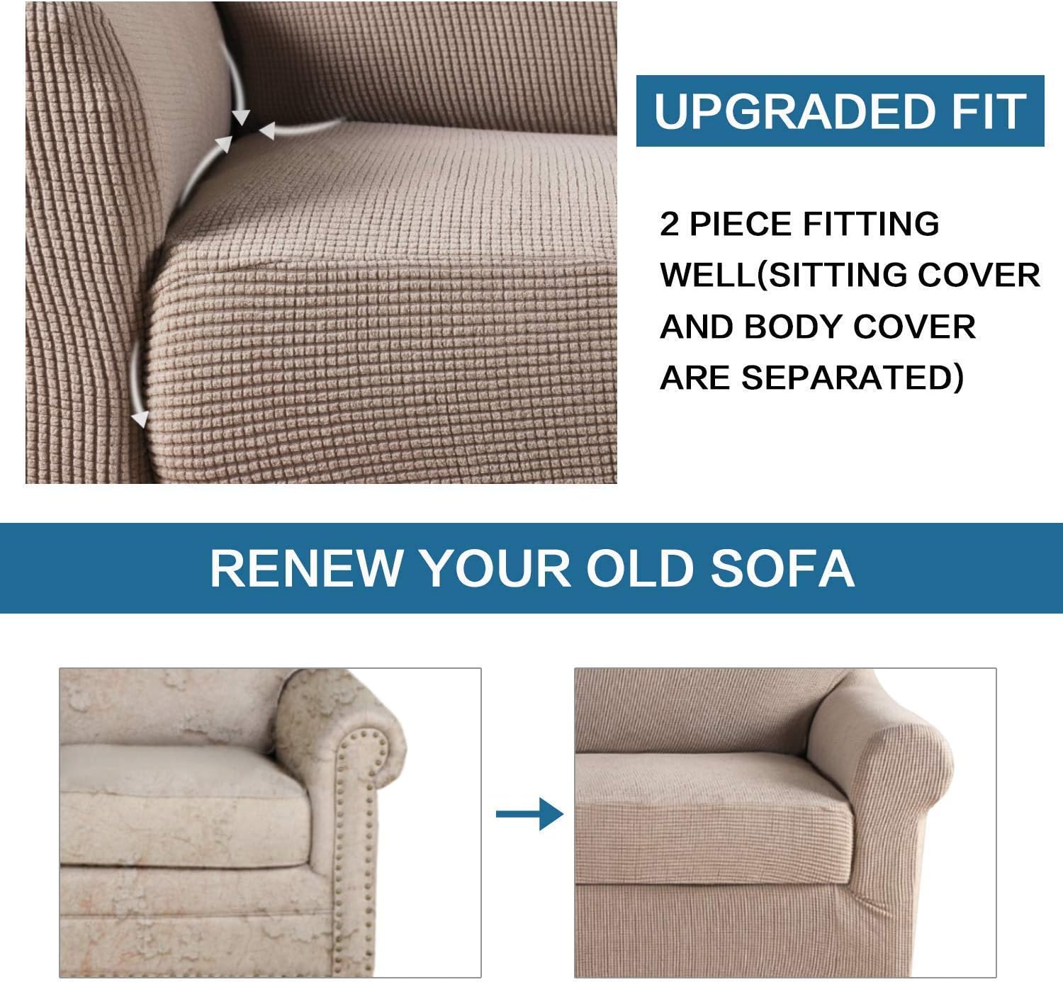 H.VERSAILTEX 2 Piece Sofa Cover for Armchair 32"-48" Bundle Square Ottoman Covers Ottoman Slipcovers, Sand