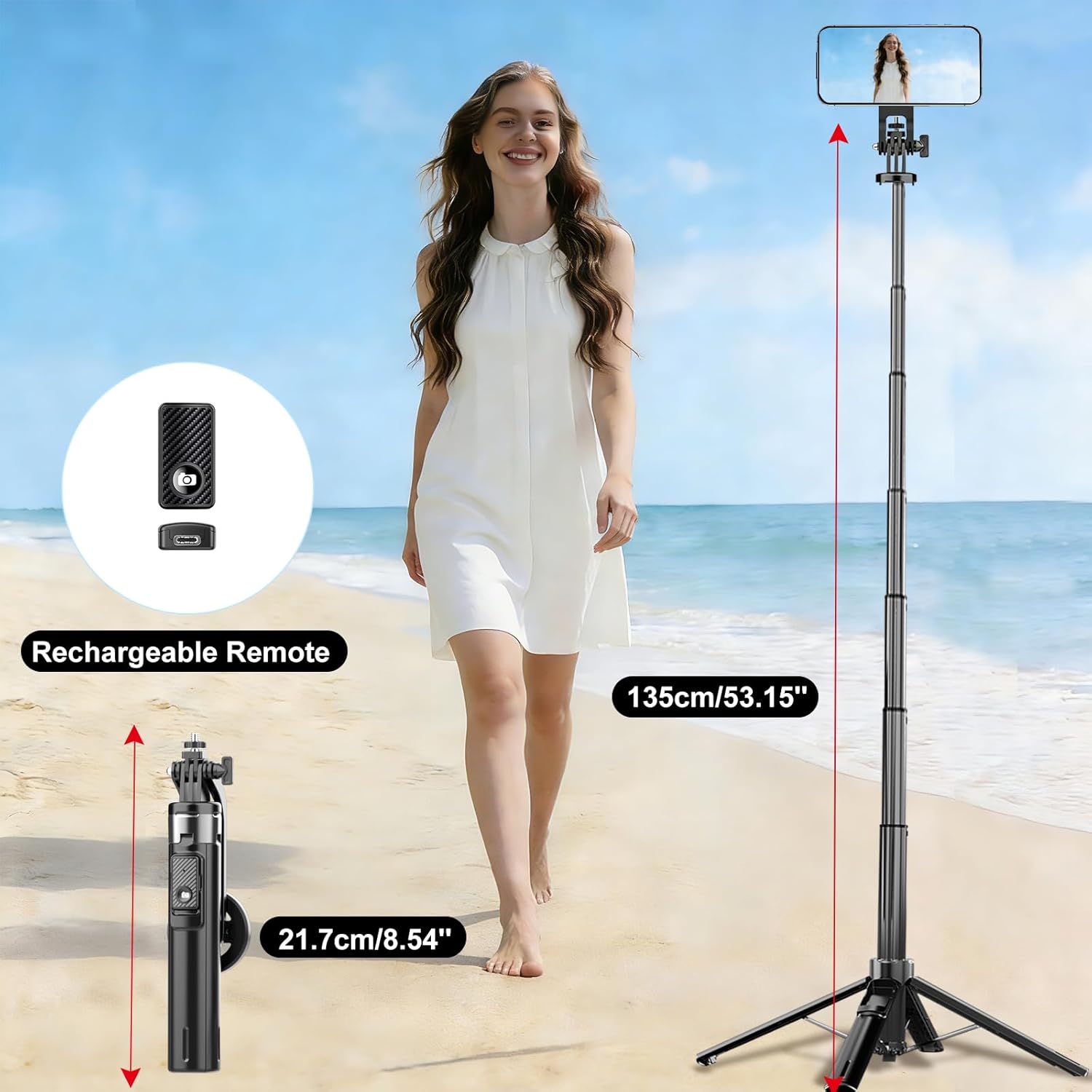 Magnetic Phone Tripod 53" Portable Selfie Stick for iPhone MagSafe GoPro Action Cameras with Rechargeable Remote Compatible with Android Travel Vlogging Live Streaming Content Creators