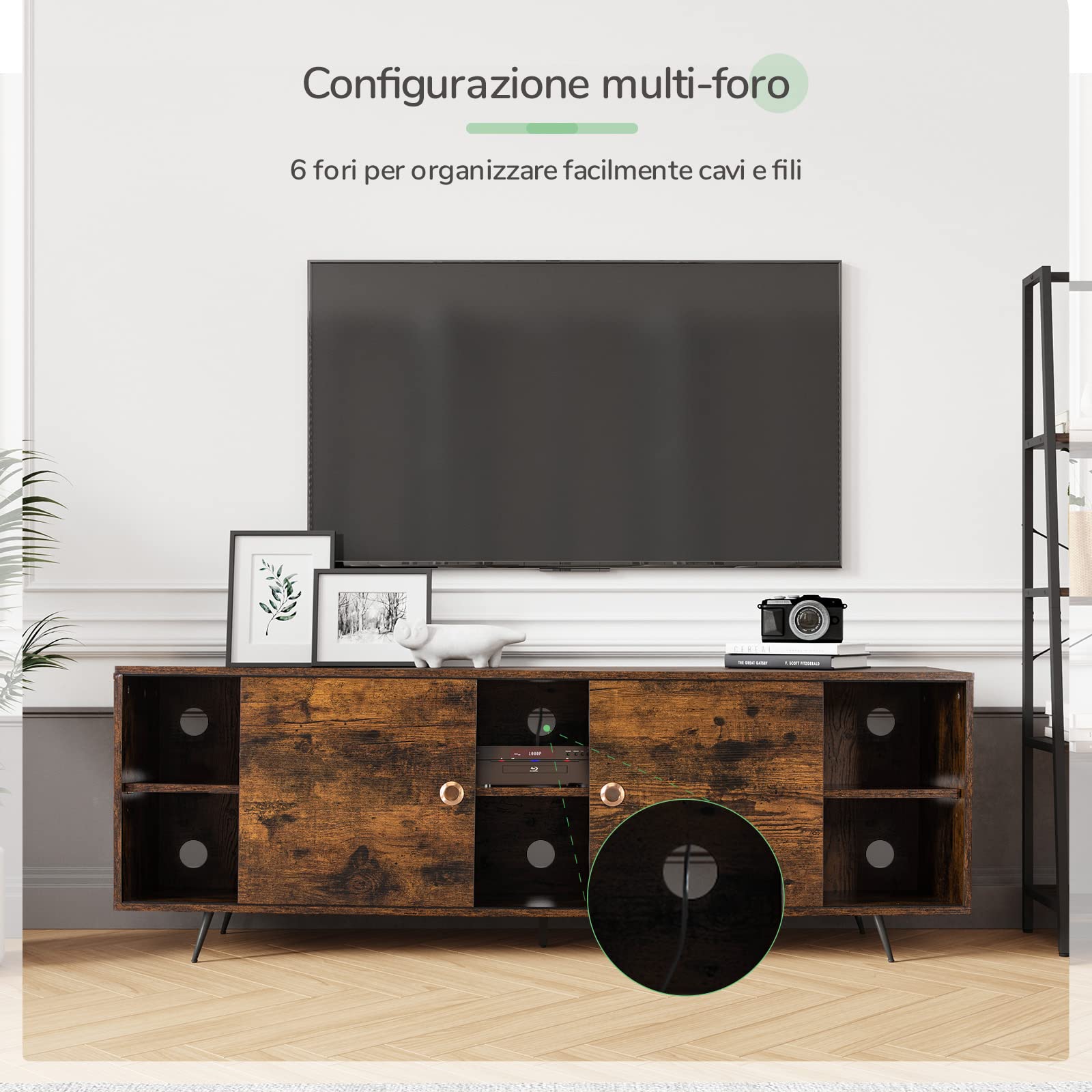 Mobile TV Basso Novilla - Per TV Fino A 50 Pollici, Design Ispirato Alla Torre, 2 Armadi, 6 Fori Passacavo, Noce