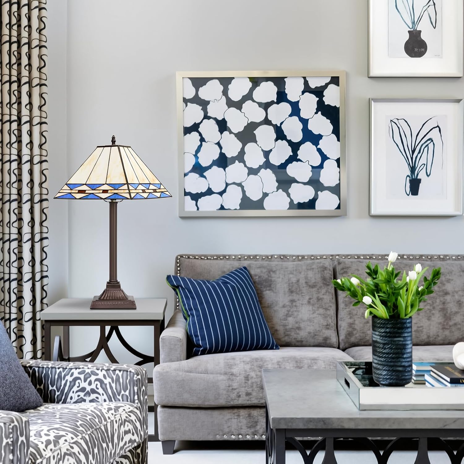 Table Lamp with Square Stained Glass Shade, Vintage Style Desk Lamp, Mid Century Modern Bedside Nightstand Lamps, Unique Decorative Accent Light for Bedroom Living Room Office (E26 Base)