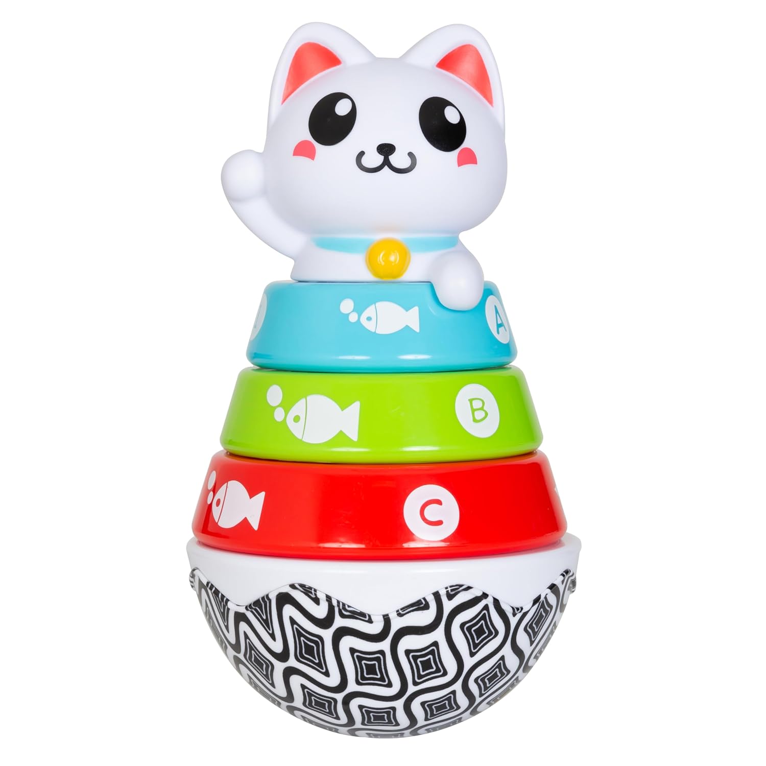 Fully assembled Smart Steps Stack-a-Cat toy with a white cat head on top of three colorful rings, all on a black and white patterned wobble base.