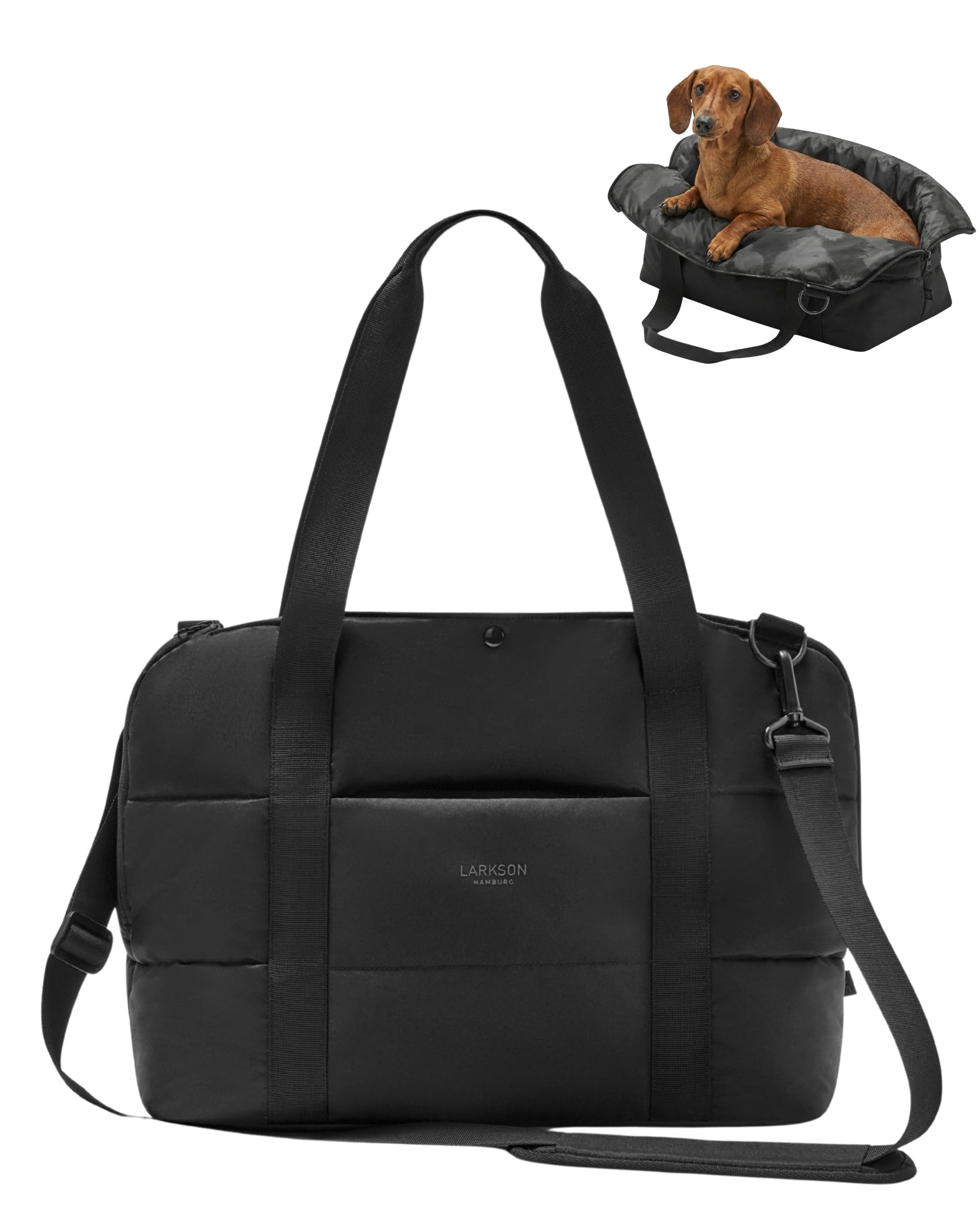 Larkson Hundetragetasche Schwarz - Frida - Aufklappbare Hundetasche für Kleine Hunde bis 10kg - Transporttasche für Hunde & Katzen - Unterwegs als Körbchen Nutzbar