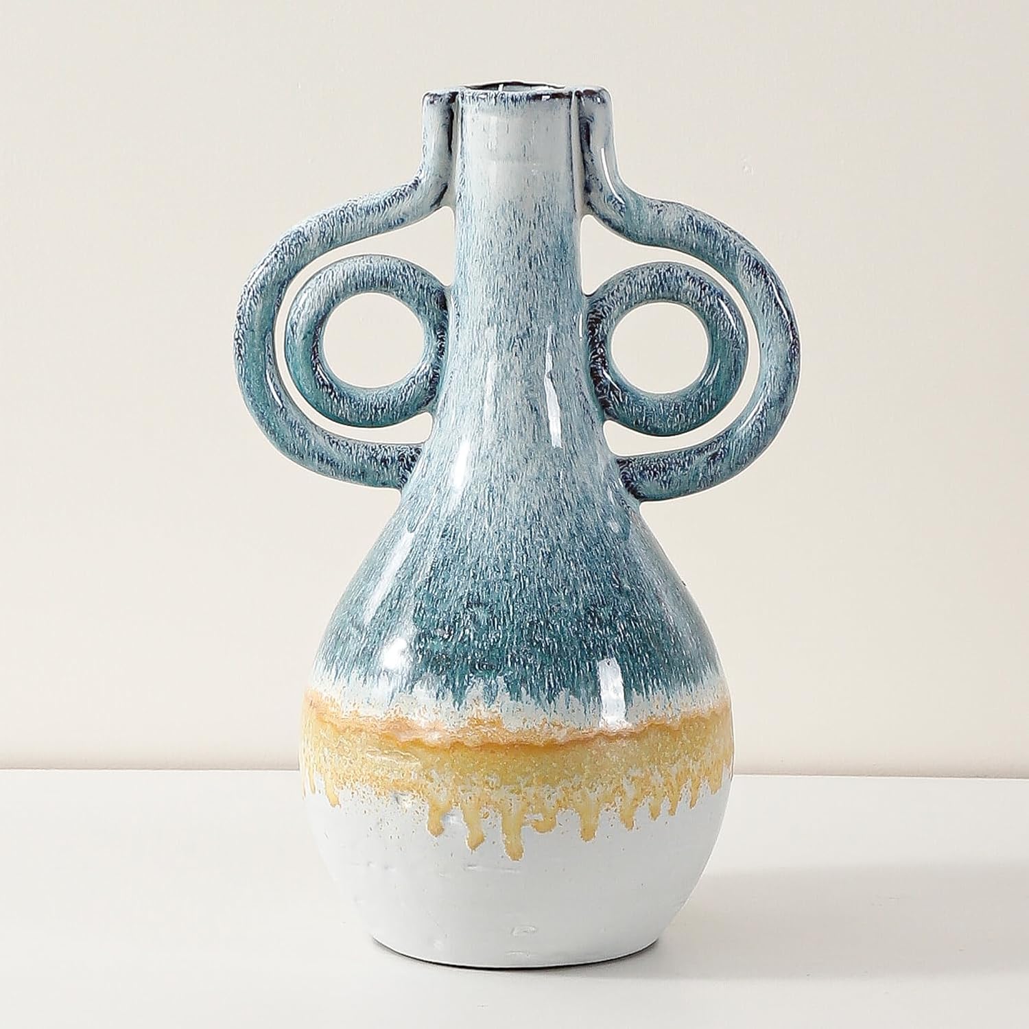 Ceramic Vase Aesthetic Reactive Glaze Decorative Flower Vase with Handles for Modern Rustic Home Decor, Living Room Bookshelf Mantel Table Centerpiece, 10.6 Inch