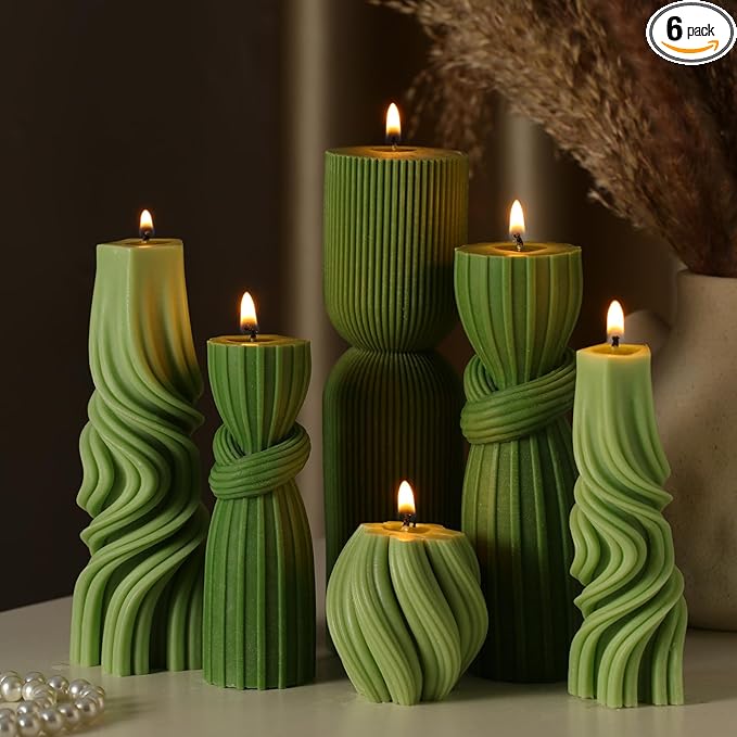 Threlaco 6 Pcs Pillar Candles Decorative Modern Aesthetic Ribbed Candle Set Cute Soy Wax Scented Ribbed Decor Valentine's Commemorative Gift for Home Decoration(Green,2.36-6.89 Inch)