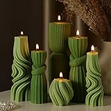 Ribbed Soy Wax Candle Set - Green Decorative Pillar Candles