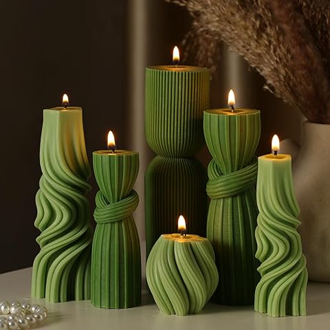 Ribbed Soy Wax Candle Set - Green Decorative Pillar Candles
