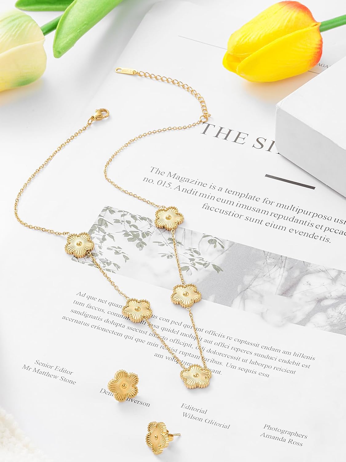 Four Leaf Clover Necklace and Stud Earrings Set for Women Lucky Flower 14K Gold Plated Jewelry