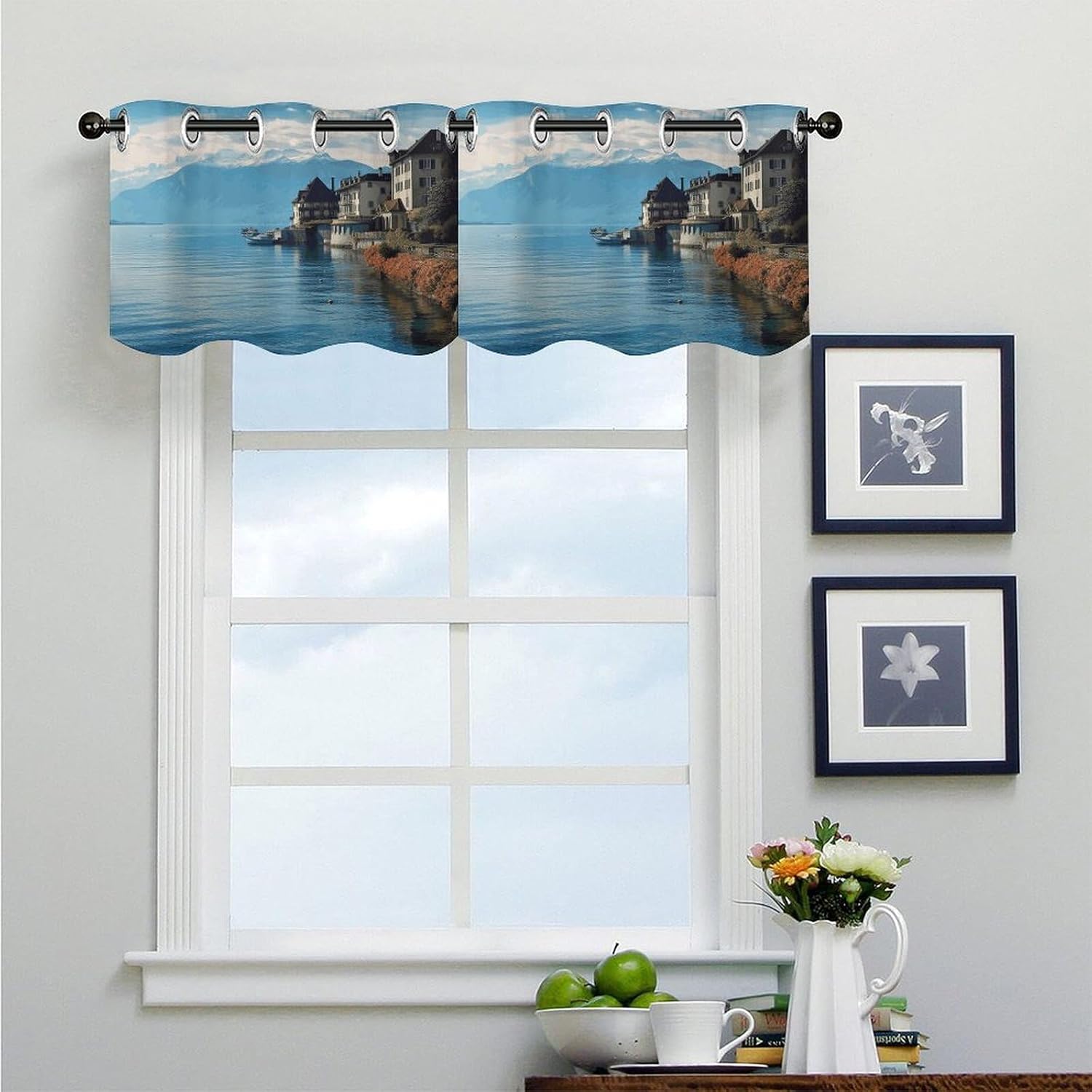 Lake Geneva Switzerland Curtain 2 Panels, Polyester Fiber, Blackout Insulated Window Curtain, Curtain Valance for Kitchen Dining Room Living Room Cafe Small Window 52 * 18.1 Inches
