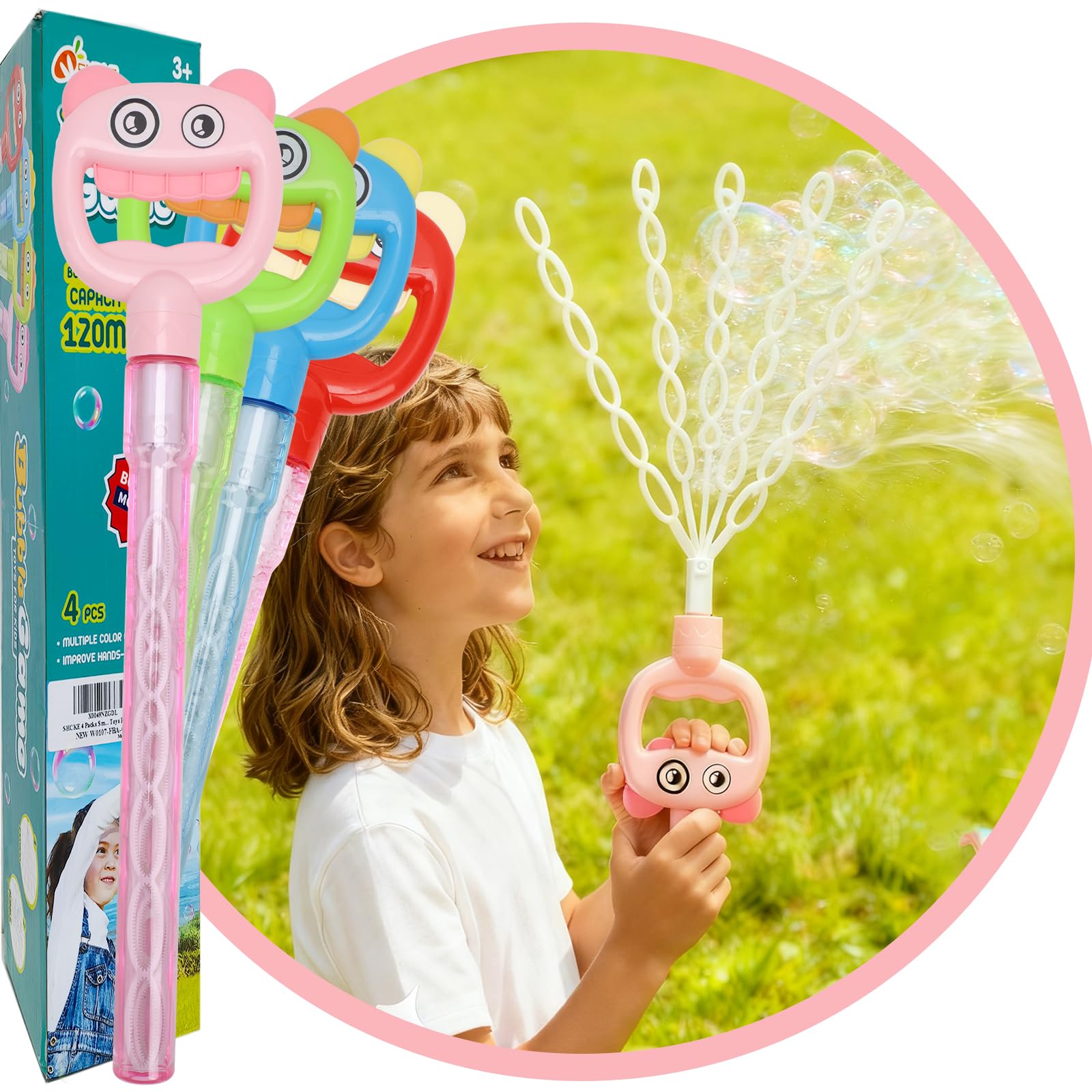 SHCKE 5-Claw Bubble Wands 4-Pack with 420ml Bubble Solution, 16.7 Inch Extra Large Bubble Wand for Kids, Refillable Bubble Toys Set for Summer Outdoor