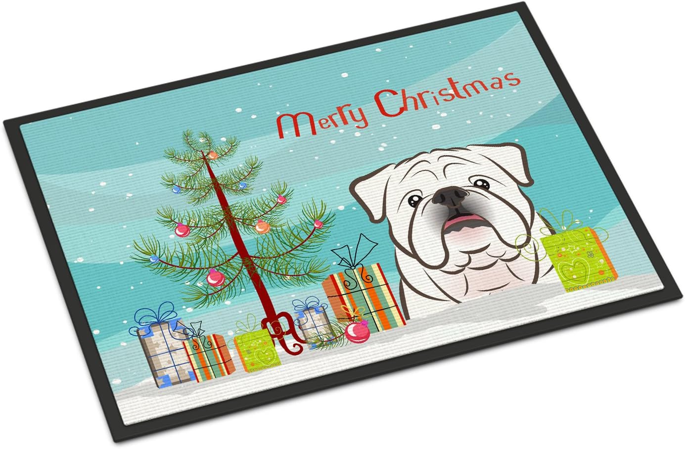 Caroline's Treasures BB1592MAT Christmas Tree and White English Bulldog Doormat 18x27 Front Door Mat Indoor Outdoor Rugs for Entryway, Non Slip Washable Low Pile, 18H X 27W