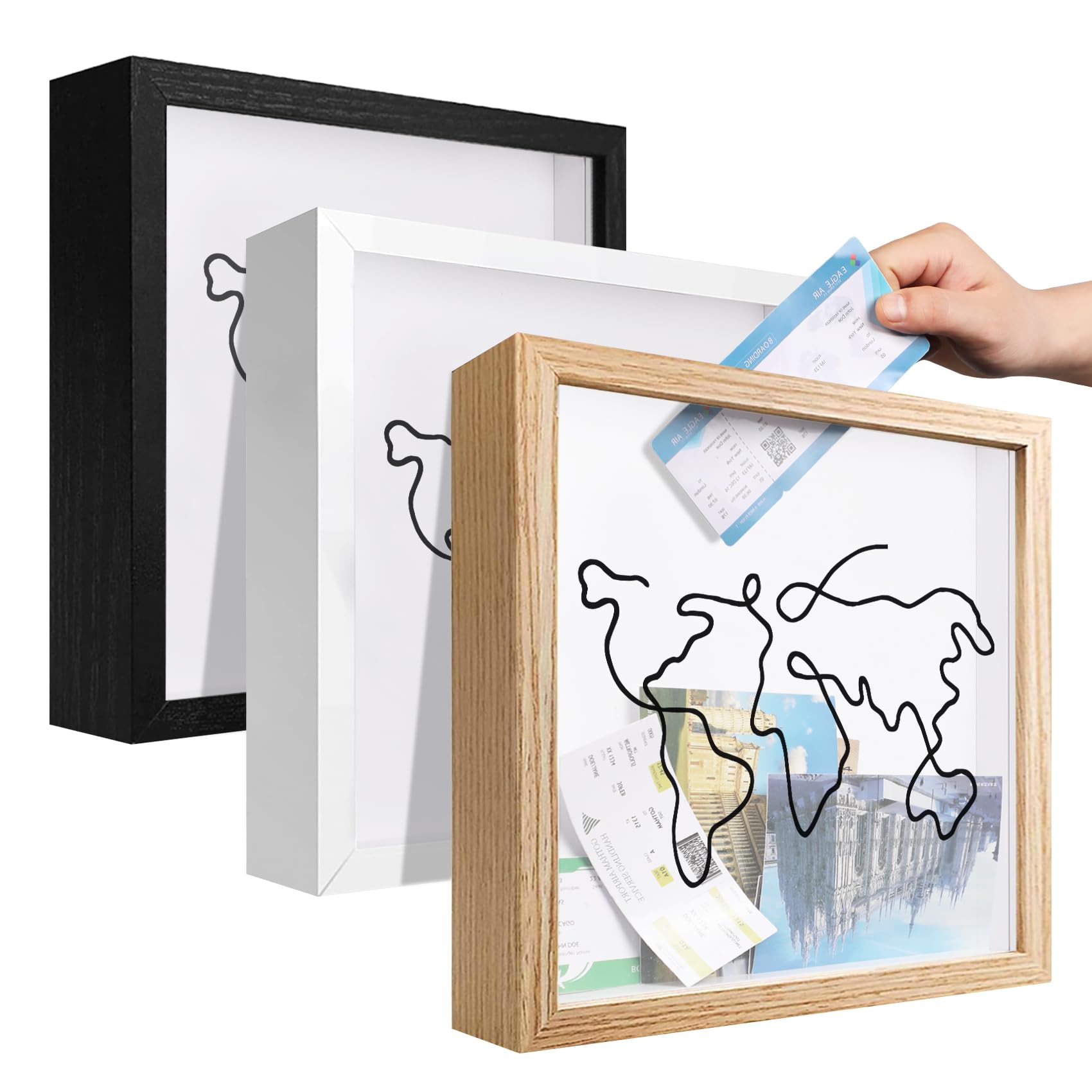 Caja De Recuerdos De Viaje Con Mapa Del Mundo - Madera MDF Blanca, Ranura Para Tickets, Tamaño 20x20x4.3 Cm