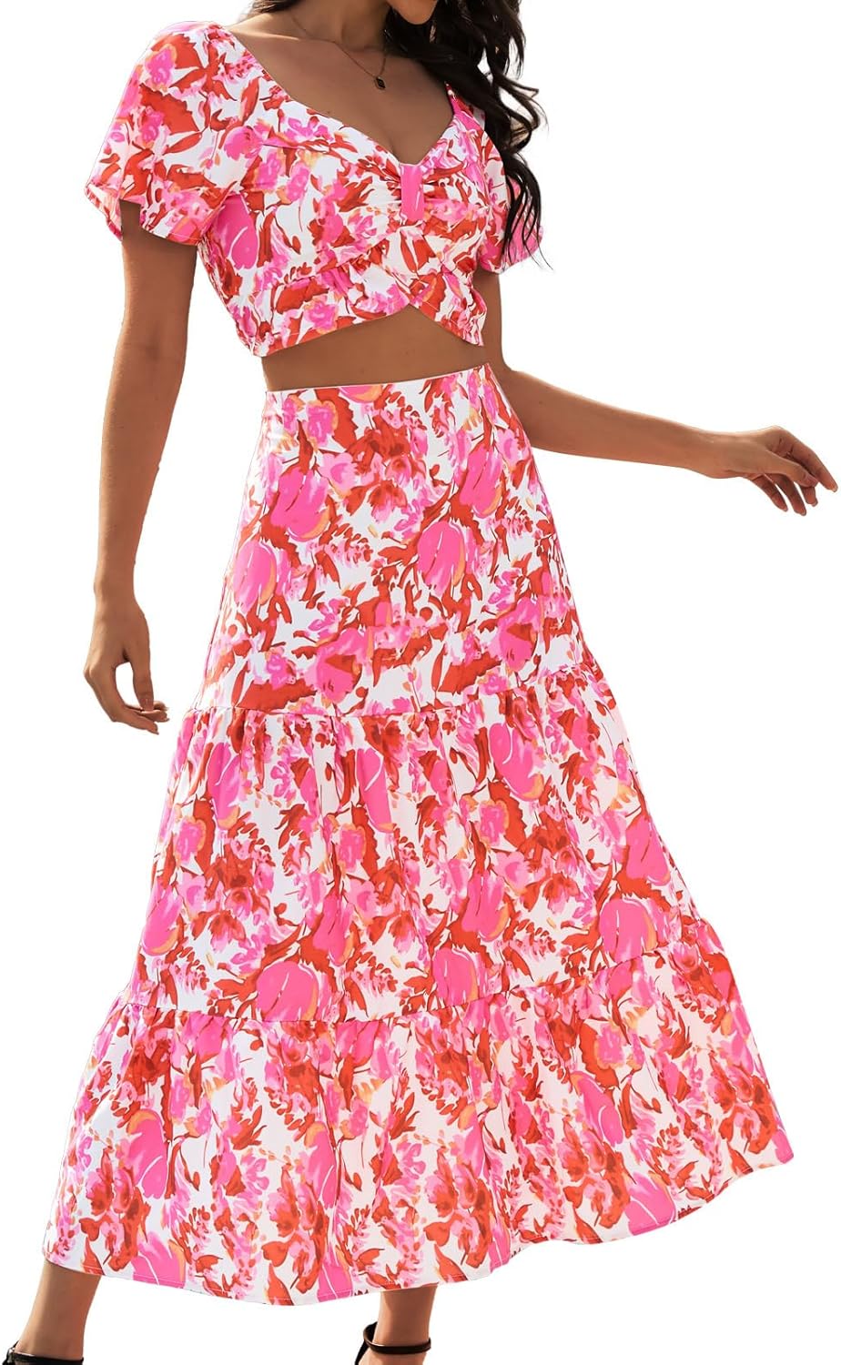 DRESSTELLS Women's 2 Piece Outfits, Floral Top Skirt Set, Long Spring Easter Vacation Beach Sets