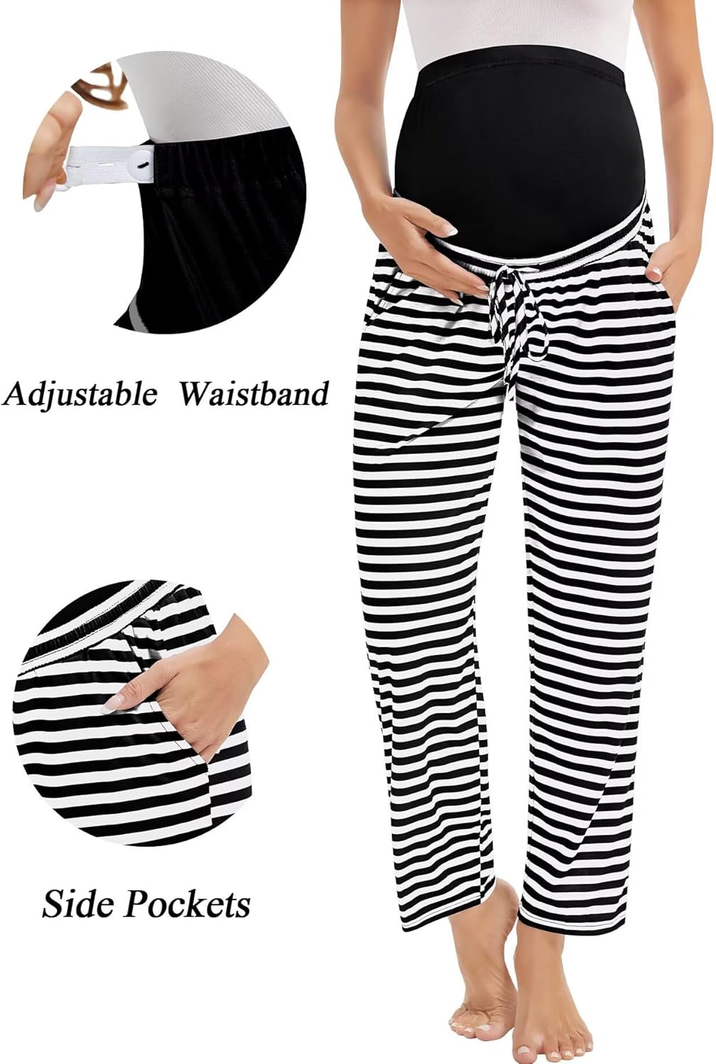 SWOMOG Women's Maternity Pajama Pants Over The Belly Pregnancy Pants Stretchy Lounge Wide Leg Trousers with Pockets - Image 4