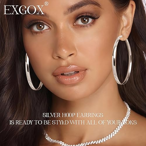 Miniatura 7 de EXGOX Aretes de aro de oro de 0.197 in de ancho para mujer, aretes de aro de plata de ley, aretes de aro grandes de plata hipoalergénica, ligeros,