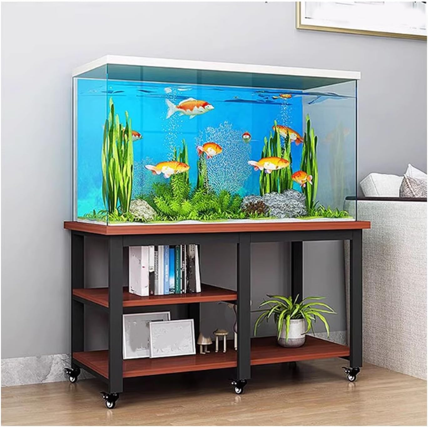 Fish Tank Stand,20-30 Gallon Aquarium Stand with Wheels, Double Layer Metal Fish Tank with Storage Shelf, 77cm Tall Rolling Breeder Tank Rackfor Home Office(Black+Brown,19x11x29in)