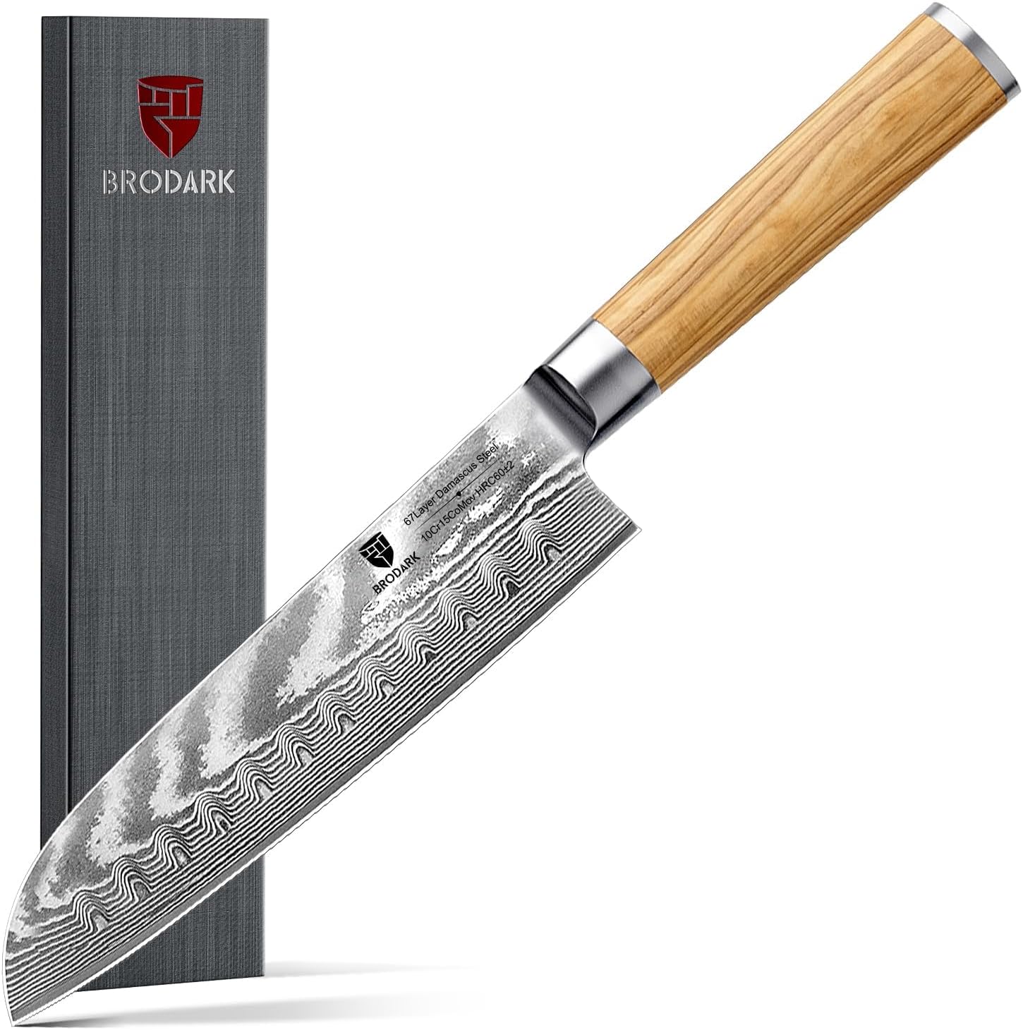 Damascus Santoku Knife 7 Inch: Japanese Kitchen Knife with Olive Wood Handle,High Carbon Stainless Steel Professional Chef Knife for Ultra Sharp Chopping,Gift Box