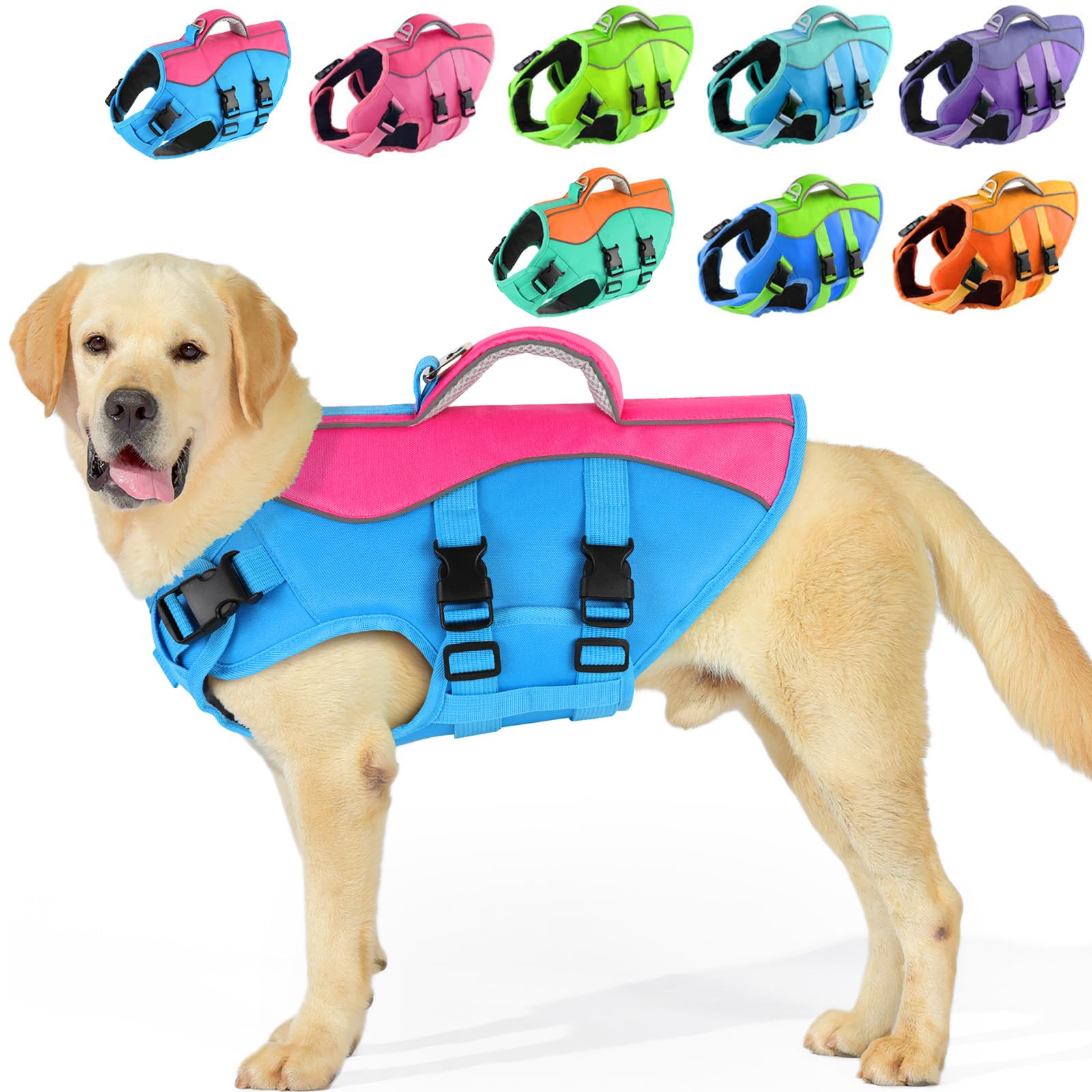 PETDSH Dog Life Jacket, Dog Life Vest for Swimming Boating, Dog Swim Vest with Rescue Handle, Dog Lifejacket for Small Medium Large Dogs (Blue & Pink, X-Large (Chest Girth:27.6-38.6''))