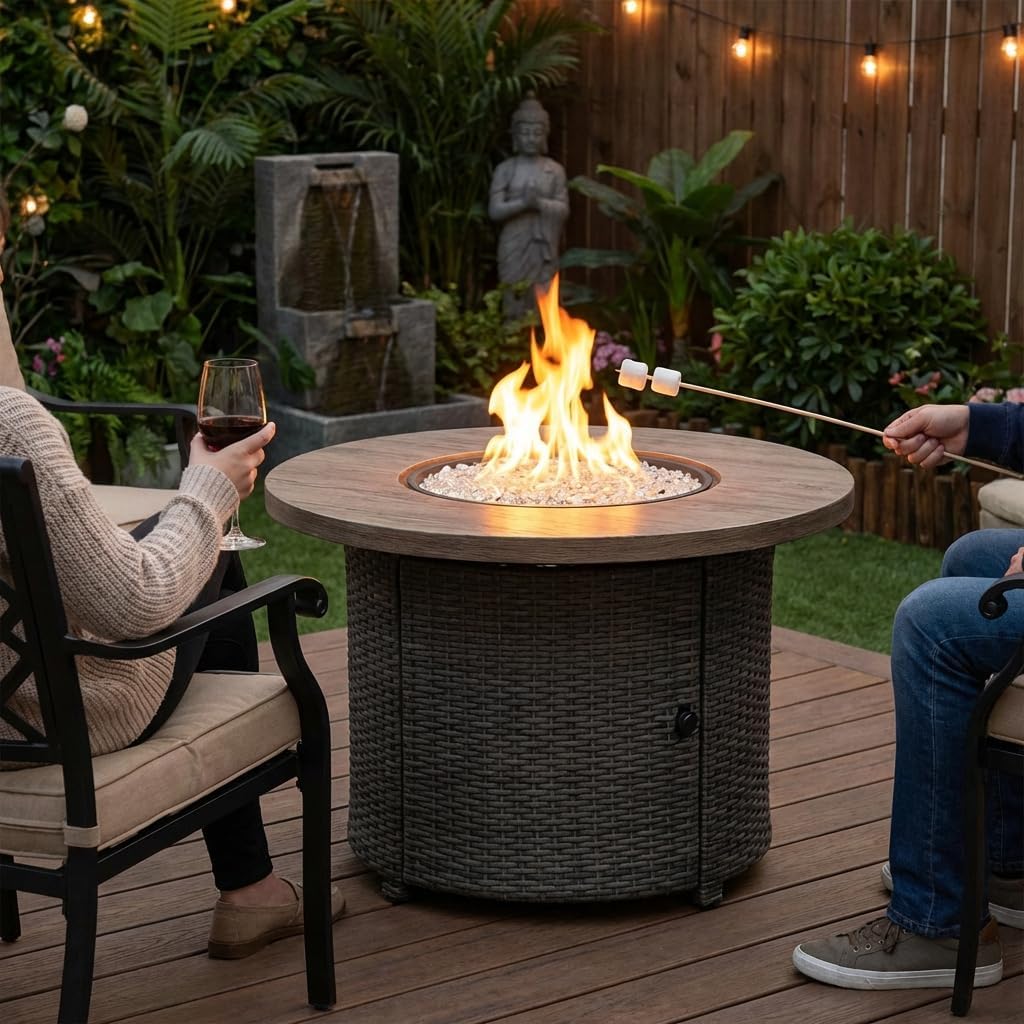 30 Inch Propane Gas Fire Pit Table, Round Outdoor Firepit with 50000 BTU Output, Imitation Wood Grain Finish, Weather-Resistant Steel Construction for Patio, Deck, Garden, Backyard Use – Black
