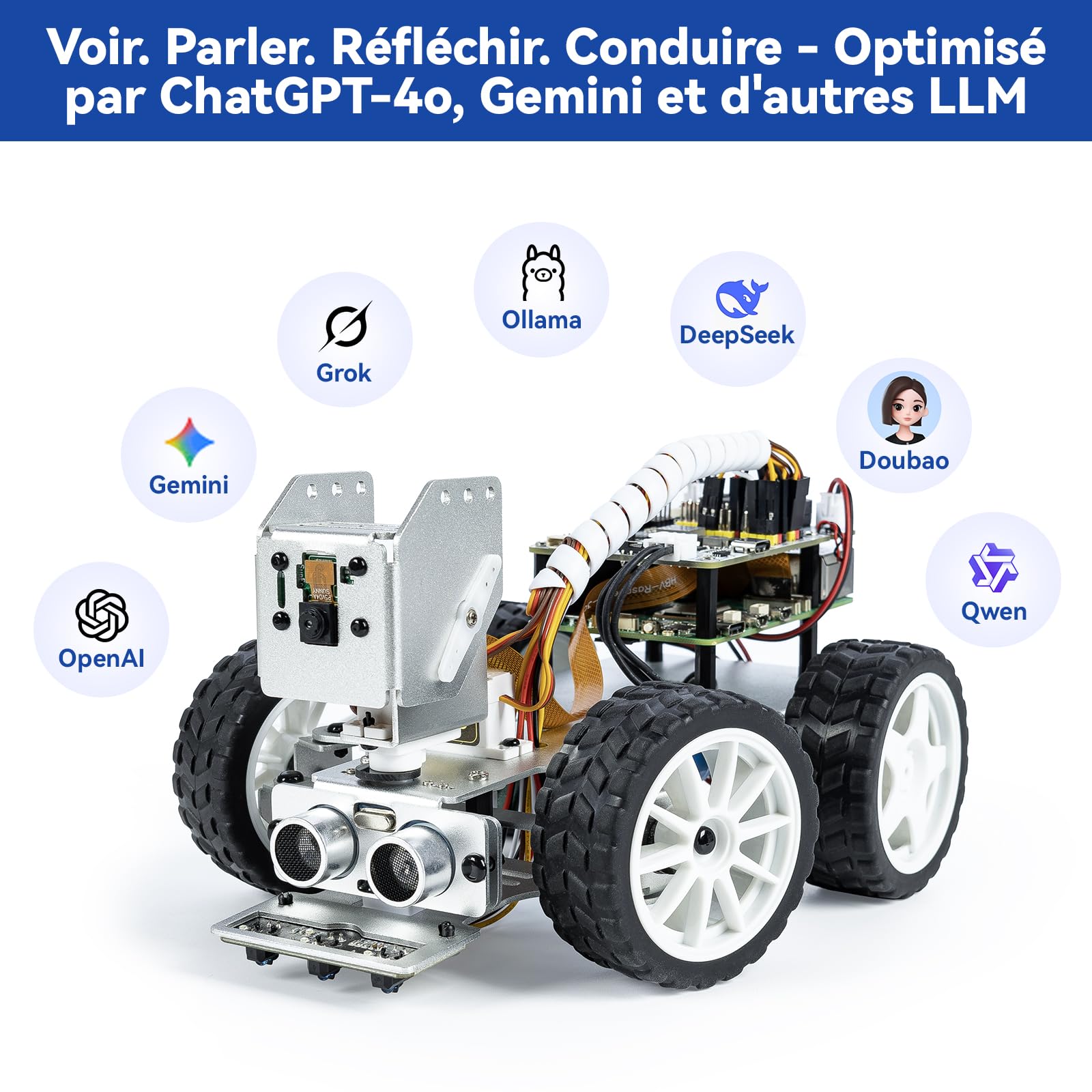 SunFounder Kit robotique vidéo Picar-X AI pour Raspberry Pi 5/4/3B+/Zero 2w, LLMs ChatGPT-4o/Gemini/Grok, Reconnaissance vocale et vidéo, Python, Scratch, caméra, Batterie (RPI Non Inclus)