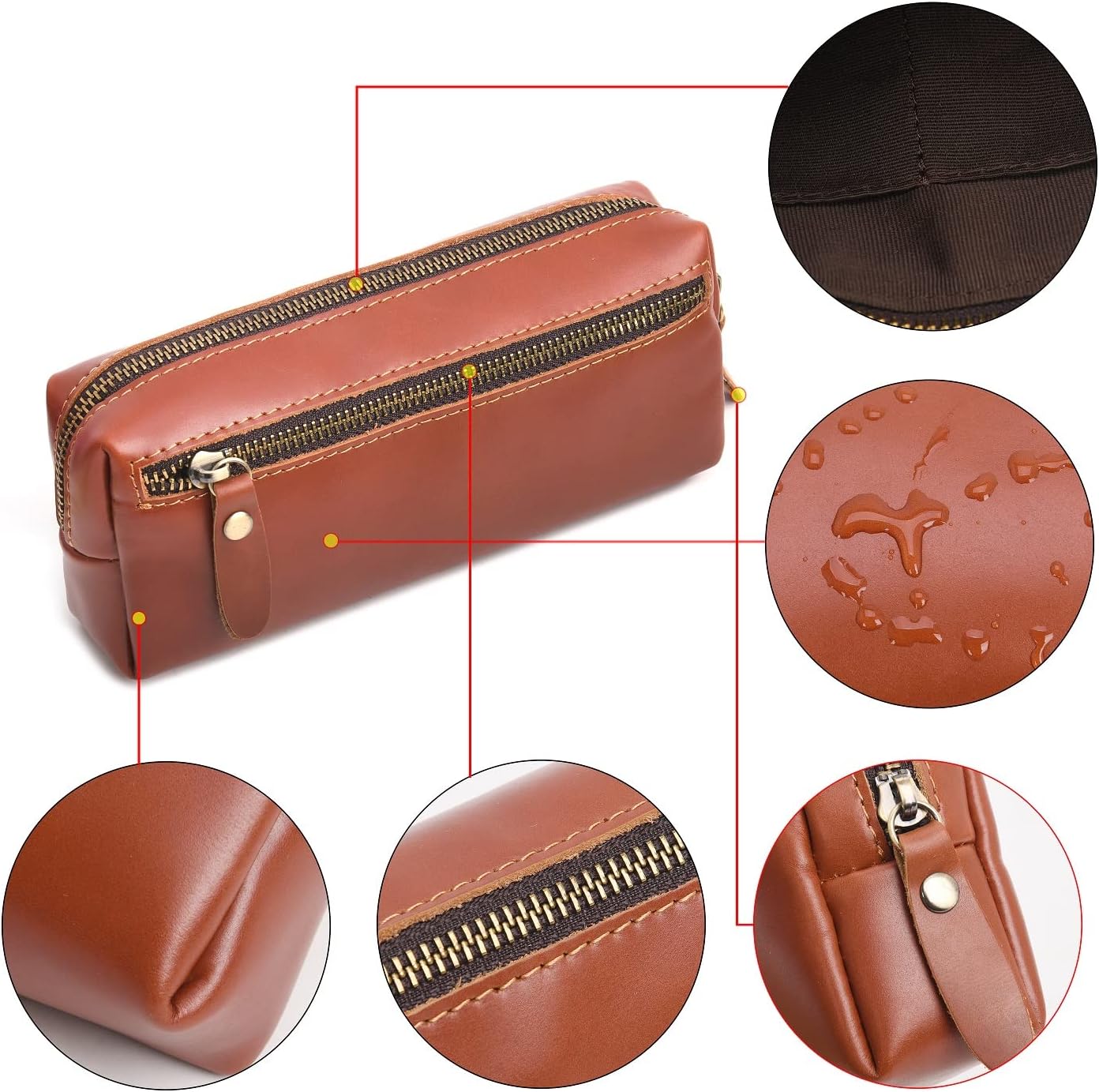 WONDERPOOL Pen Case Real Leather Pencil Pouch Markers Holder Big Capacity Bag with Side Zippered Pocket for Stationery Tool