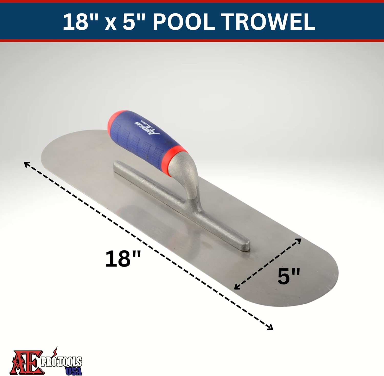 ATE Pro. Tools USA - 3 Piece Stainless Steel Pool Trowels with Soft Grip Handle | Includes 18" x 5", 16" x 4", & 14" x 4" Finishing Trowels Set | Professional Round End Trowel | Masonry Hand Trowel