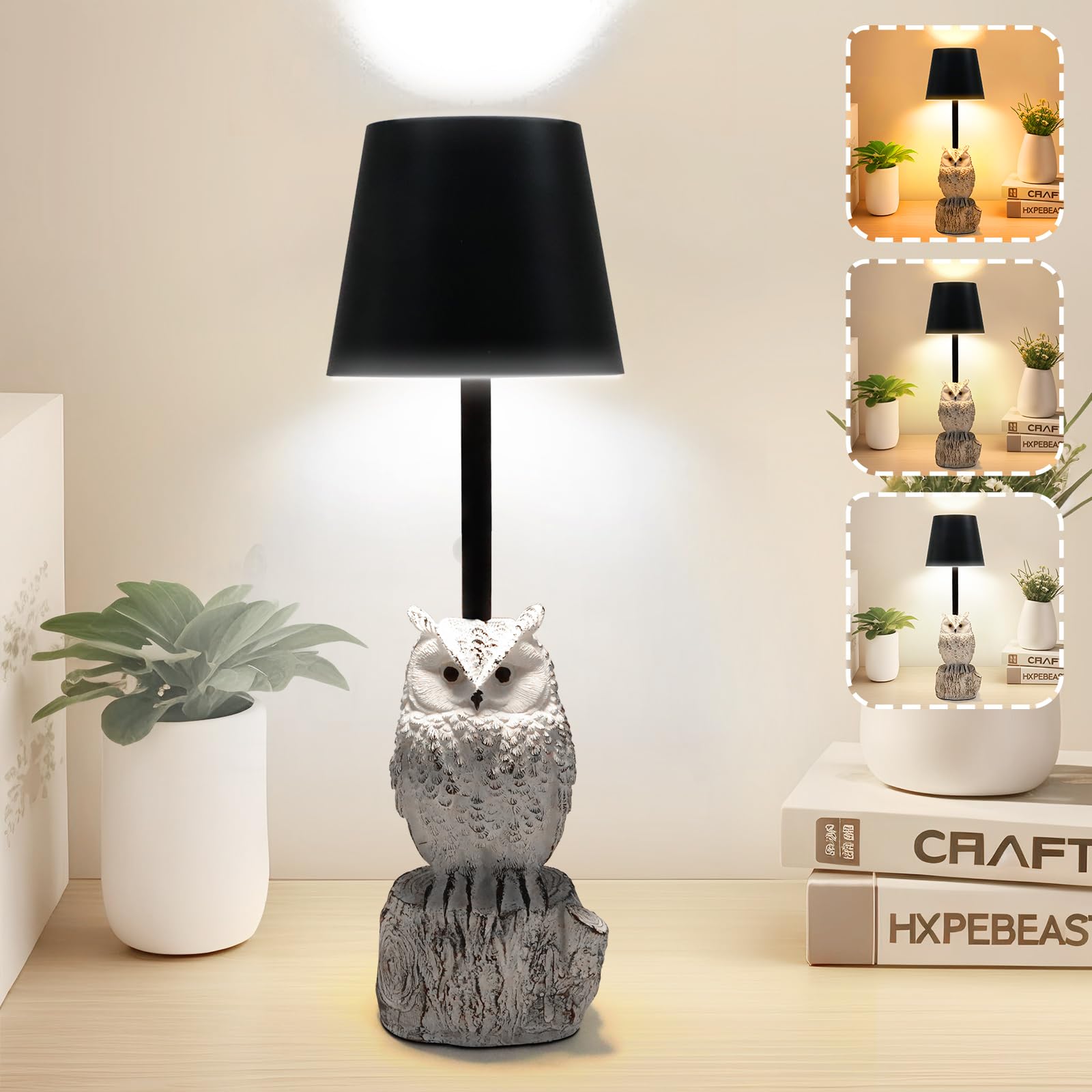 TYNLED Owl Table Lamp, 3 Way Dimmable Owl Night Light Lamp for Bedroom Cordless Table Lamp Touch Control Lamp with USB C Charging Port Battery Animal Desk Lamp for Bedroom Dining Room Office Dorm