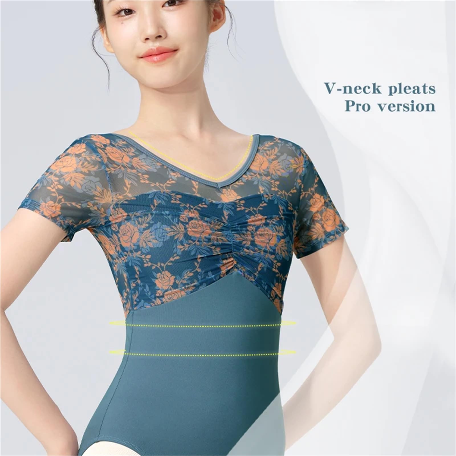 Body Danza Donna Body da Balletto Donna Body da Danza Floreale Falso in Due Pezzi Scollo a V Maglia Splice Manica Corta Body da Ginnastica Body da Balletto(Blue,XL Height 170-175cm)