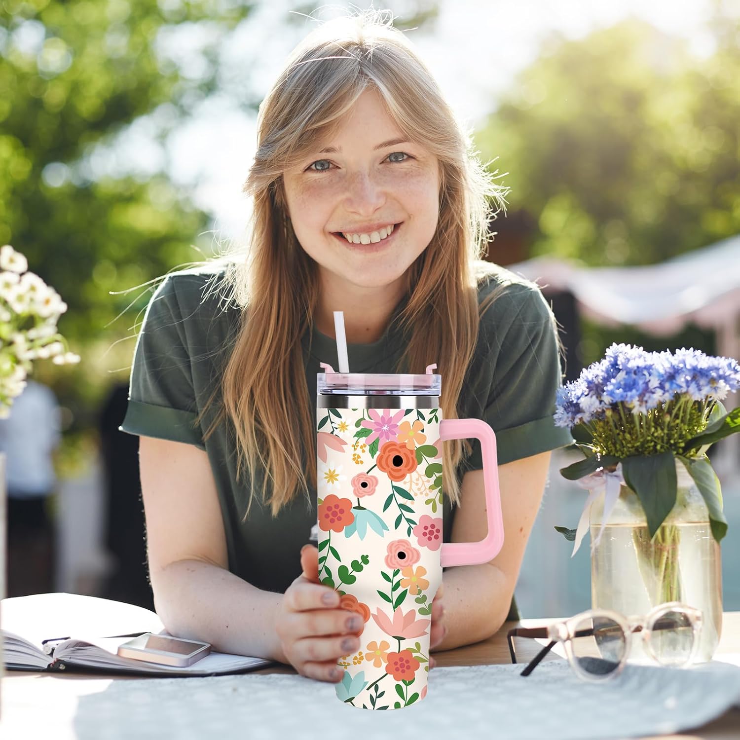 JarThenaAMCS Boho Floral Tumbler with Handle 40oz Spring Colorful Flower Tumbler with Lid Straw Wildflower Stainless Steel Cup for Christmas Home Office Travel - Image 5