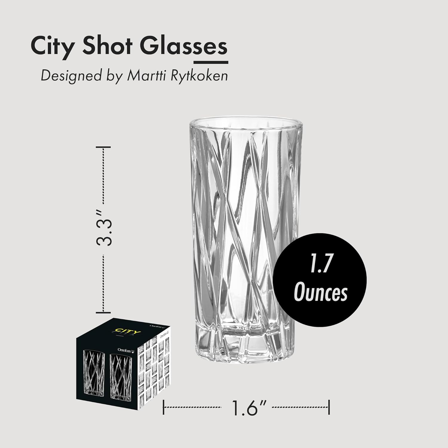 Orrefors City Shot Glasses with Heavy Base (Set of 2) - 1.7 Fl. Oz., Asymmetric Design - Crystal, Glassware for Spirits & Shots, Serving Tequila, Vodka, Whiskey, Dishwasher Safe