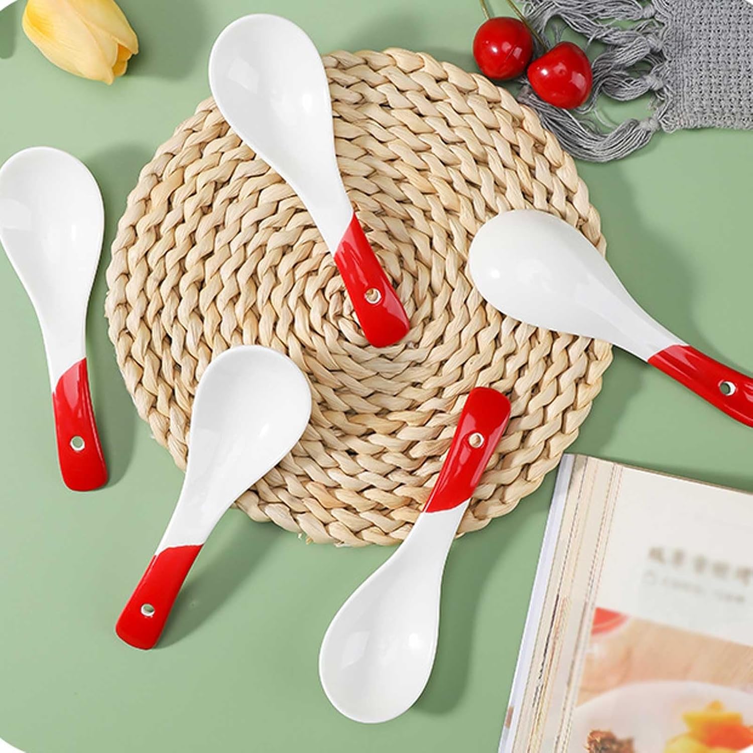 Soup Spoon Ceramic Asian Spoons Set of 4 Ramen Porcelain Chinese for Noodles Udon Pho Rice Gravy Dinner