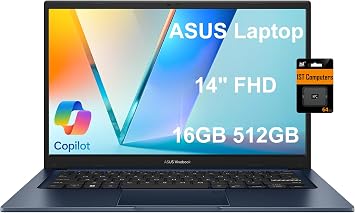 ASUS Vivobook 14 Slim Laptop (14 FHD, 16GB RAM, 512GB SSD, Intel Core i3-1215U (> i5-1235U)) for Student, Business, Education, Numeric Keypad, Fast Charge, Webcam, Win 11 Home S w/AI Copilot, Blue