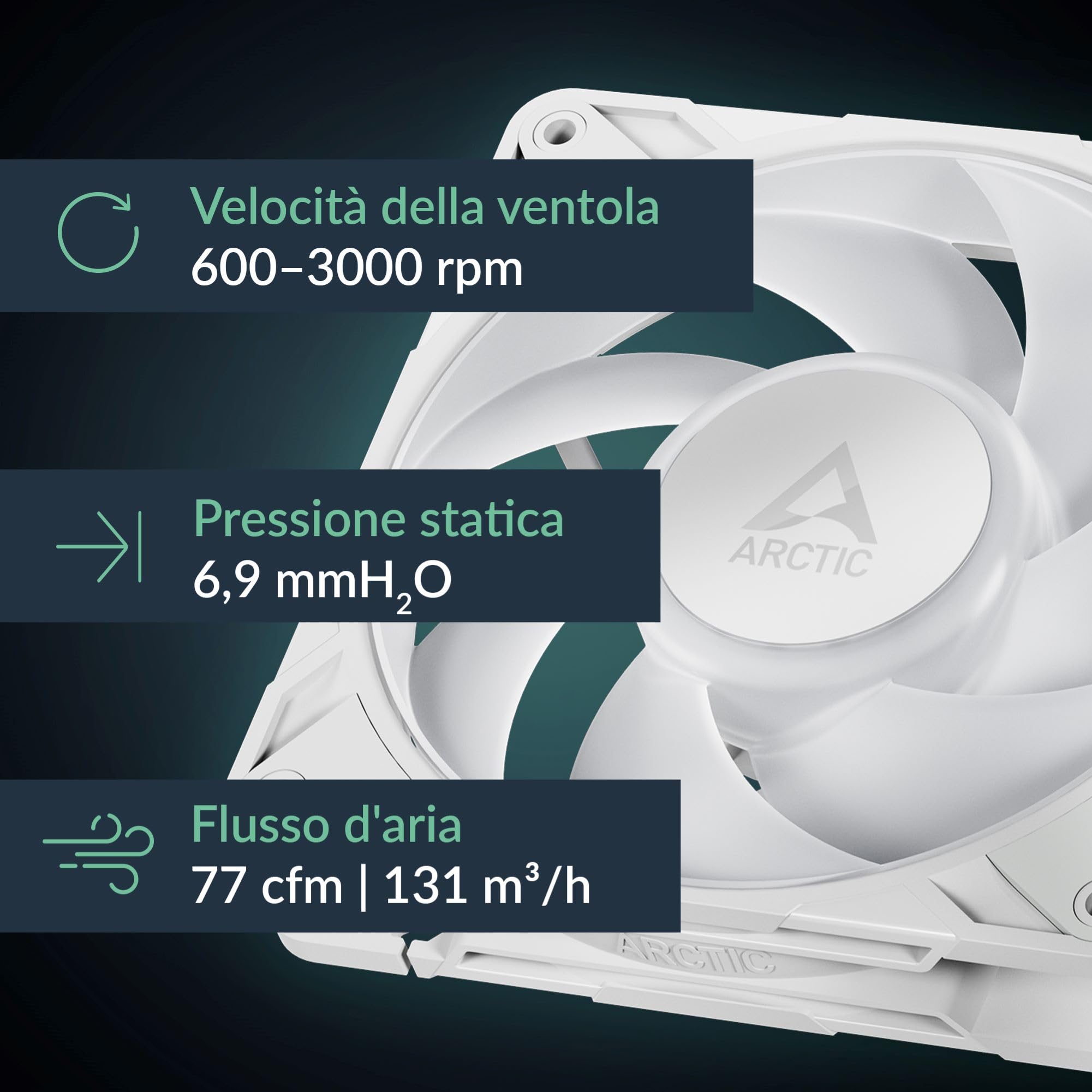 ARCTIC P12 Pro A-RGB (White) - 3 Pezzi - Ventola Potente Premium, Ventola PWM 120 mm con Sdoppiatore per Cavi Y, 600-3000 rpm, 0 rpm <5% PWM, RGB digitale 5V, Cuscinetto Idrodinamico, a 4 Pin