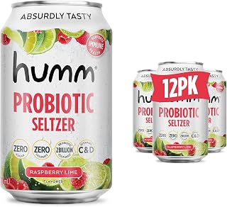 Humm Raspberry Lime Sparkling Water, Zero Sugar, Zero Calorie Seltzer, Whole30 Approved Probiotic Drink, 2 Billion Probiotics, Vitamin C, D, and B12, 12 fl oz (12 Pack)