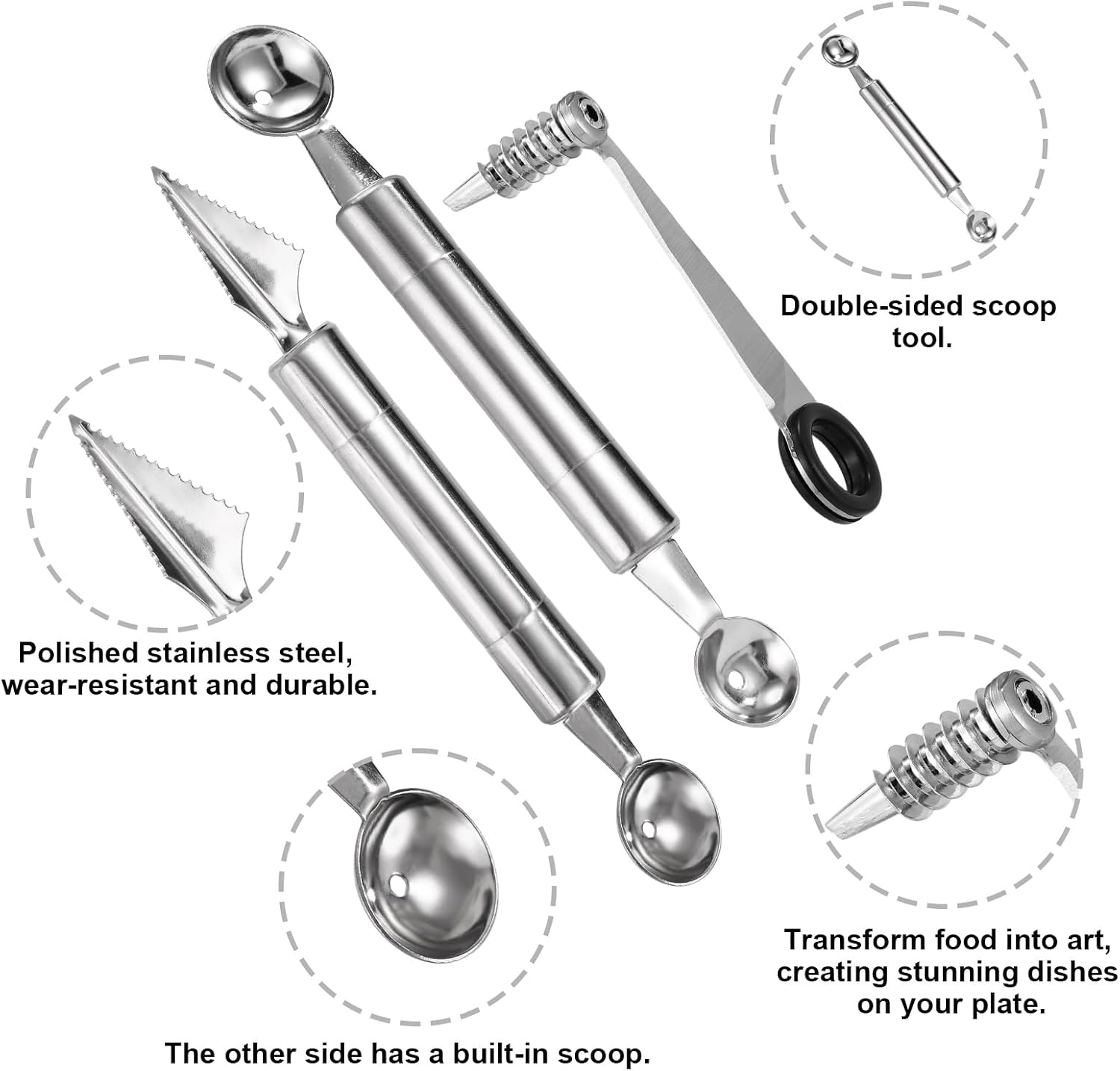 Kitchen Spiral Vegetable Cutter Set, Stainless Steel Spiralizer with V-Shaped Carving Tool Fruit Ball Scooper and 2 Forks for Potatoes Cucumbers Carrots Melon Decoration