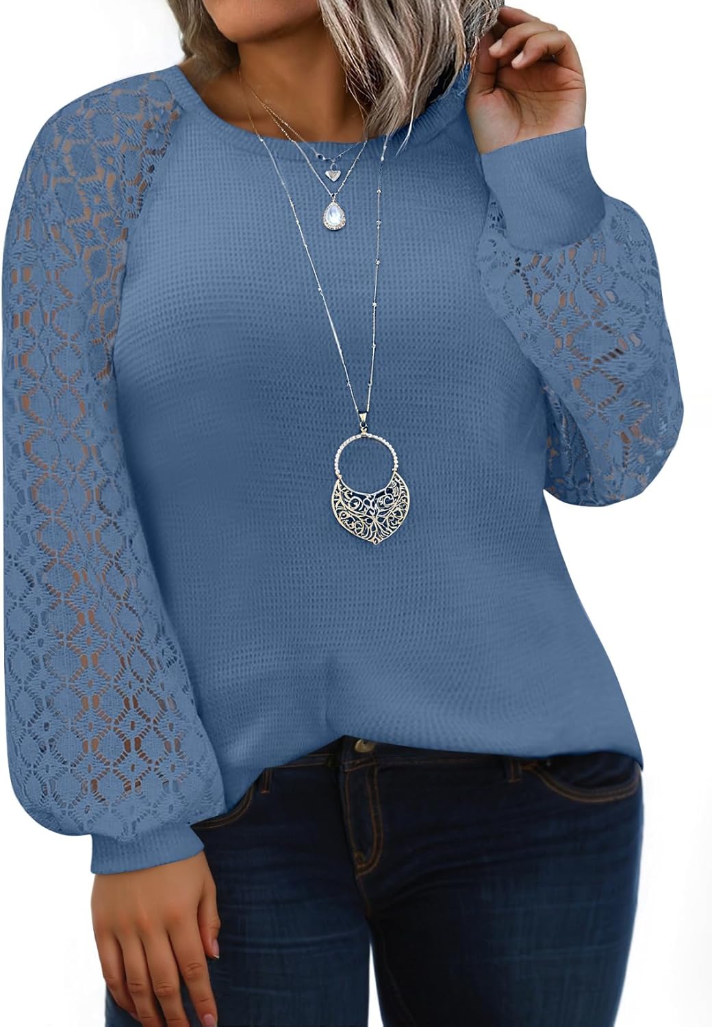 Eytino Plus Size Tops for Women Lace Long Sleeve Crew Neck Waffle Knit Business Work Dressy Shirts(1X-5X)