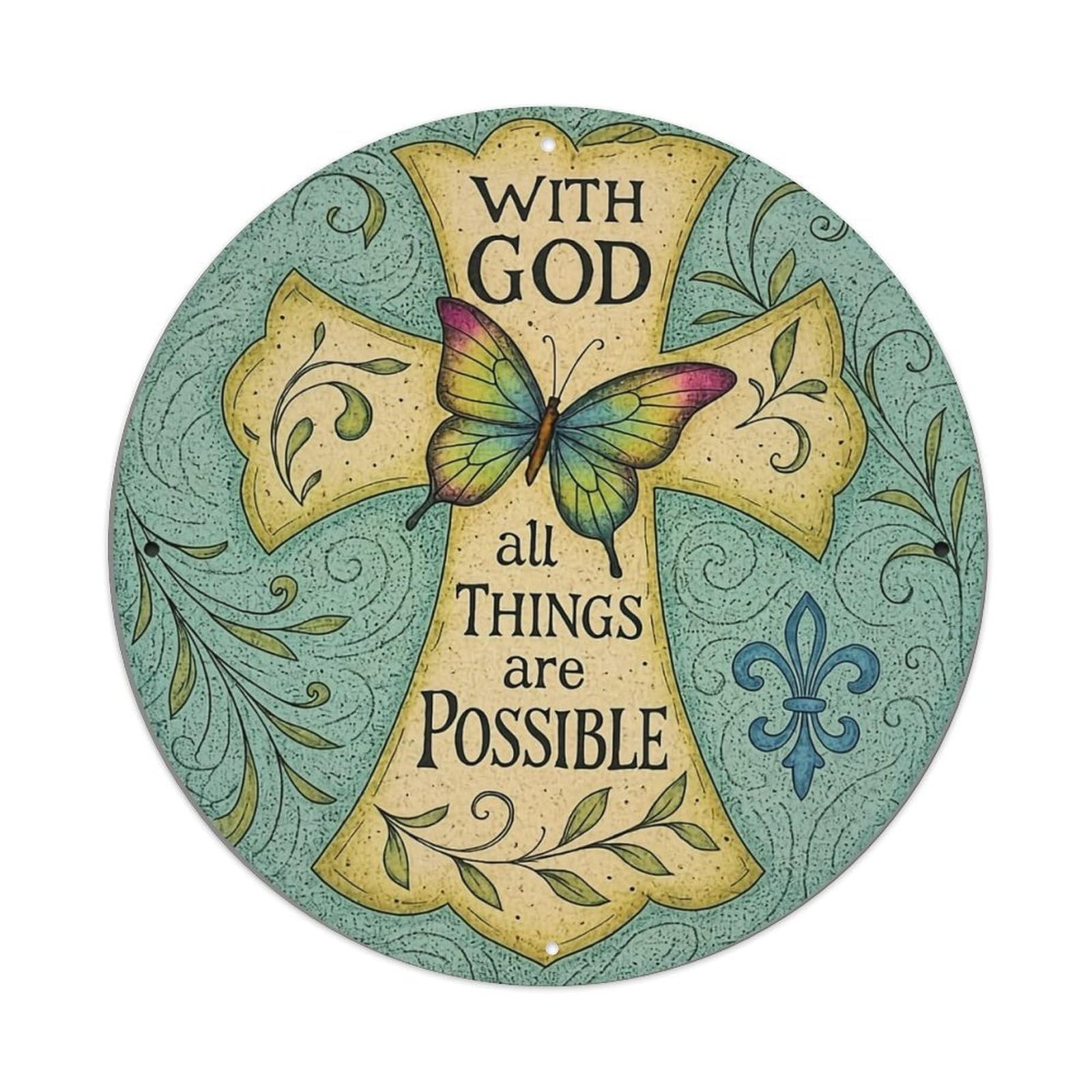 Cross Butterfly Floral Pattern Art Retro Metal Sign Round Tin Sign, Vintage Decor Art Poster for Bar, Home, Man Cave, Kitchen, Laundry Room Gift 8x8Inch
