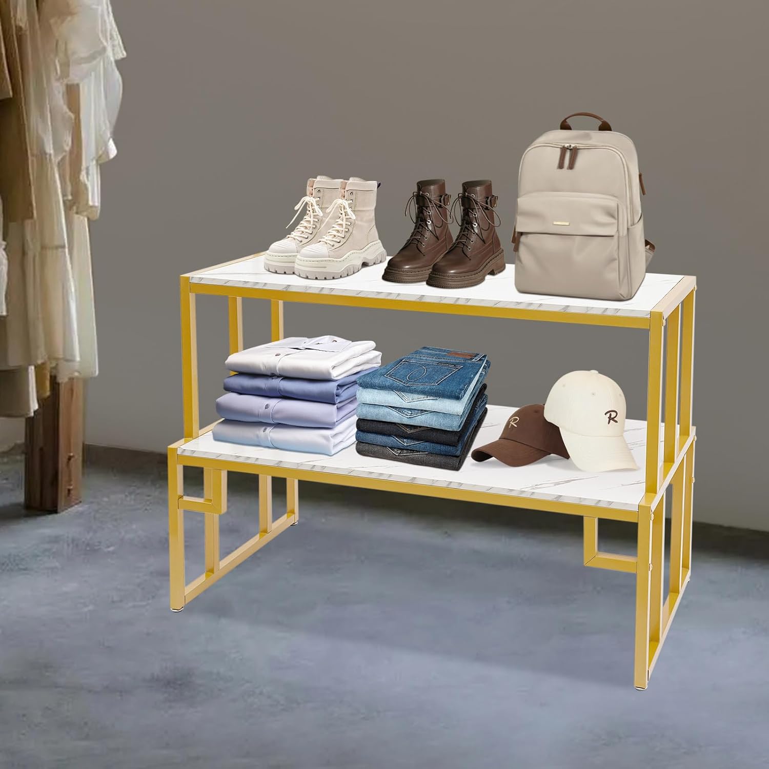 Metal Shoe Handbag Display Stand, 2PCS Heavy Duty Display Table, Nesting Tables 2 Piece Set, 2 Tier Shoes Gold Modern Tables Set, Standing Display Riser Shelf for Retail Stores Clothing Shops
