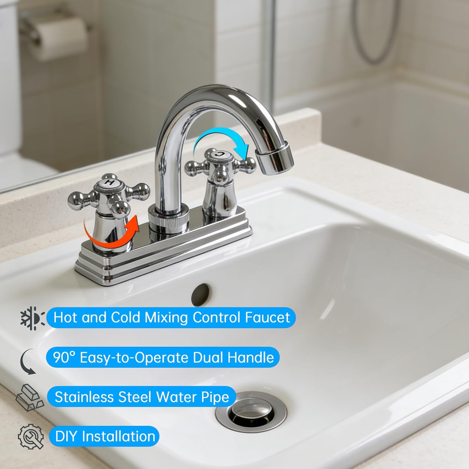 RV Bathroom Faucets, Non-Metallic RV Kitchen Sink Faucet Replacement with Two Handle Control -4" Main Body,2 Hole Replace for RV Home Campers Motorhomes Travel Trailers,Chrome