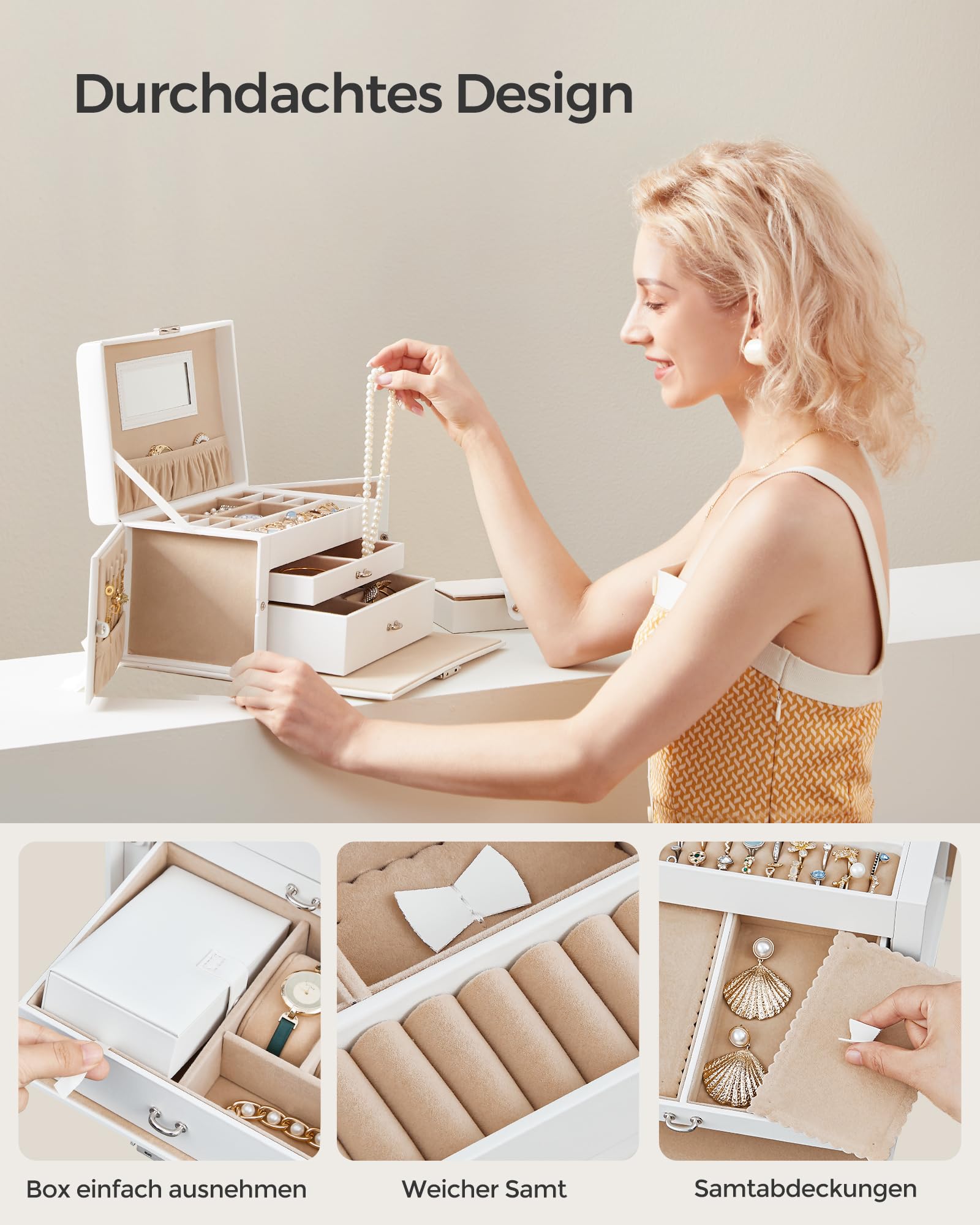 SONGMICS Schmuckkästchen 3 Ebenen, Schmuckkasten mit 2 Schubladen, Schmuckschatulle mit tragbarer Mini-Box für Reisen, mit Griff, abschließbar, Schmuckaufbewahrung, Geschenkidee, weiß JBC121W