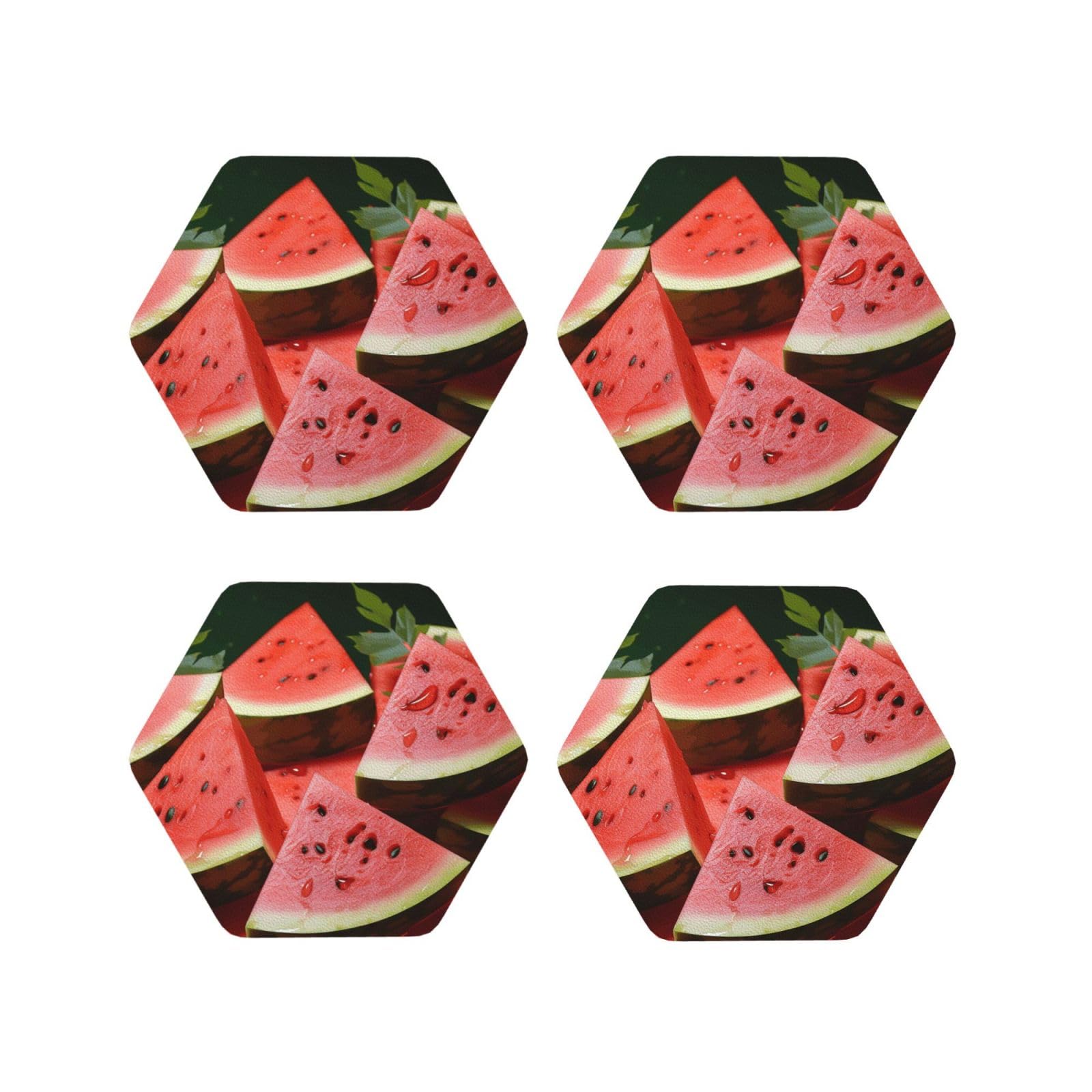 4Pcs PU Leather Coaster for Drinks, Ripe Watermelon Slice Seeds Cup Coastersr 4" Cup Mat Pad, Aesthetic Drink Coasters for Coffee Table, Hexagon Coaster for Tabletop Protection