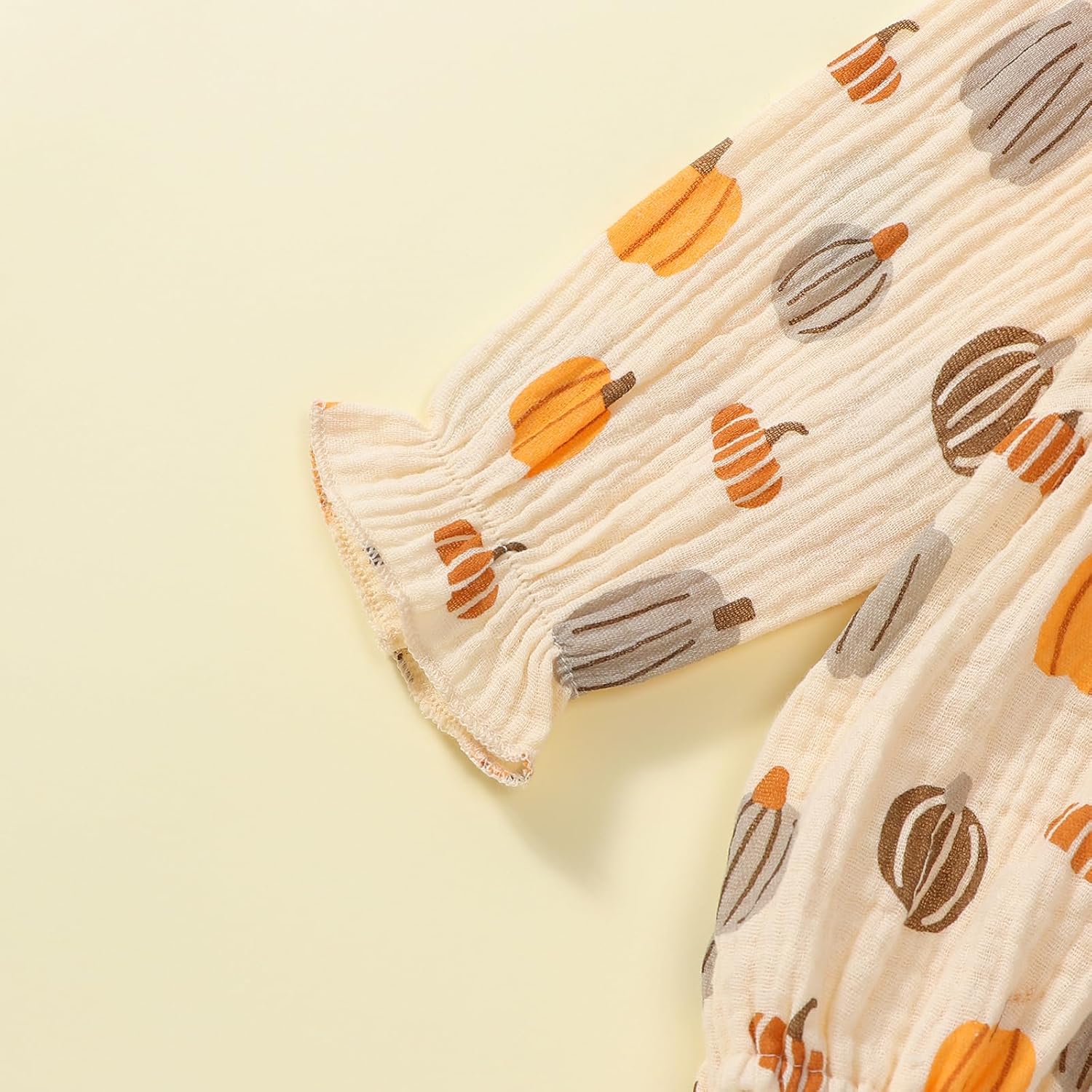 Newborn Baby Girls Halloween Outfits Pumpkin Print Ruffles Smocked Puff Sleeve Cotton Linen Romper Fall Bodysuit - Image 6