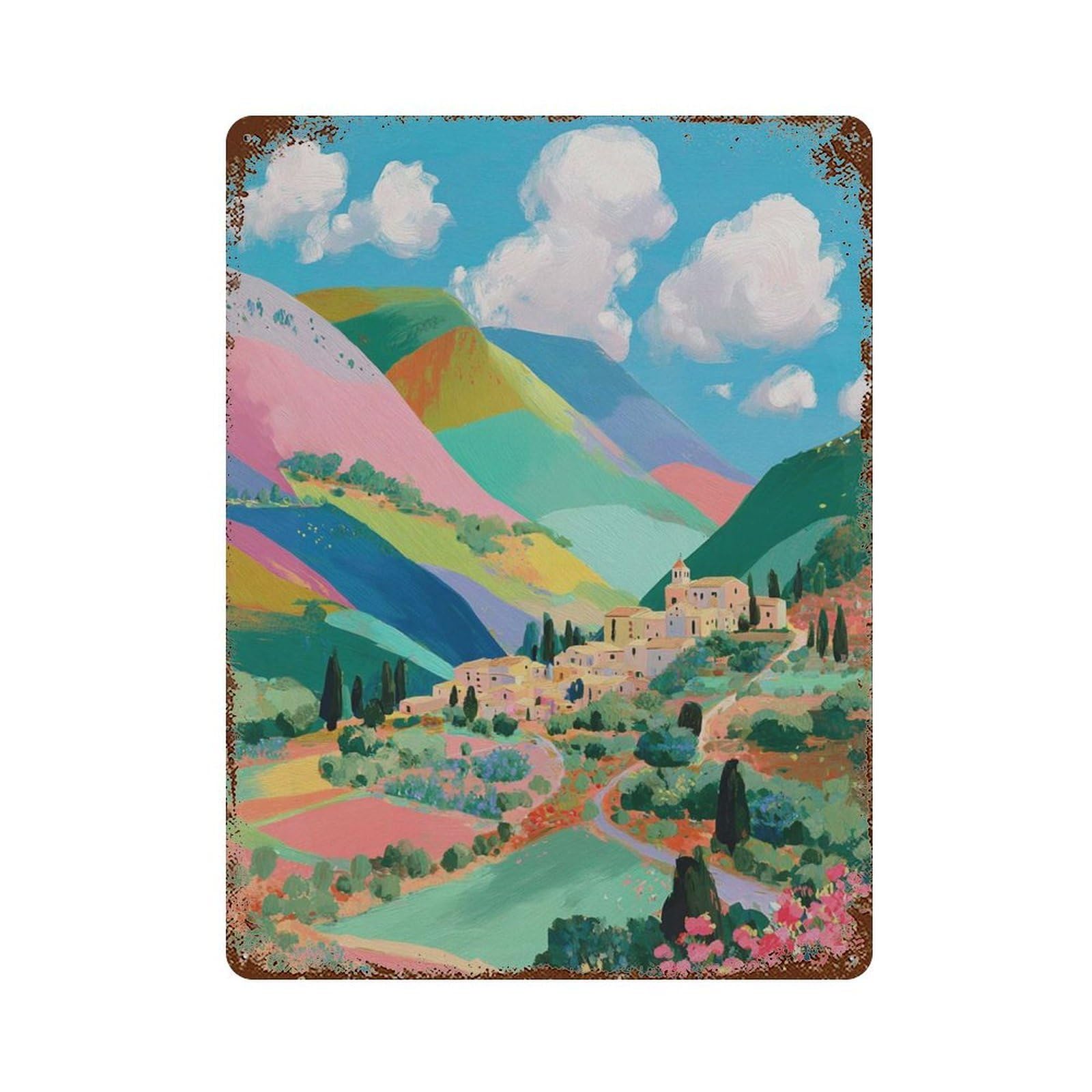 xiaoxiaoshen Italian Countryside Colorful Landscape Tuscany Hill Vibrant Travel Mediterranean Wall Decor Art Metal Tin Poster Modern Home Decor Art Home Bar Shop Decorations Vintage Sign 40x30cm