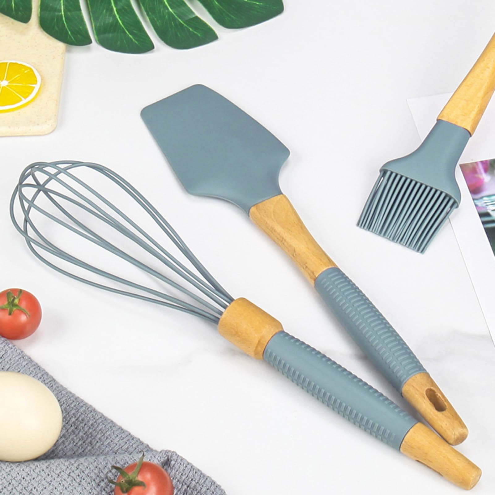 Ensemble d'ustensiles de cuisine en silicone, ensemble de 6 spatules d'ustensiles de cuisine avec manche en bois, ustensiles de cuisine, gadgets de cuisine pour la pâtisserie au
