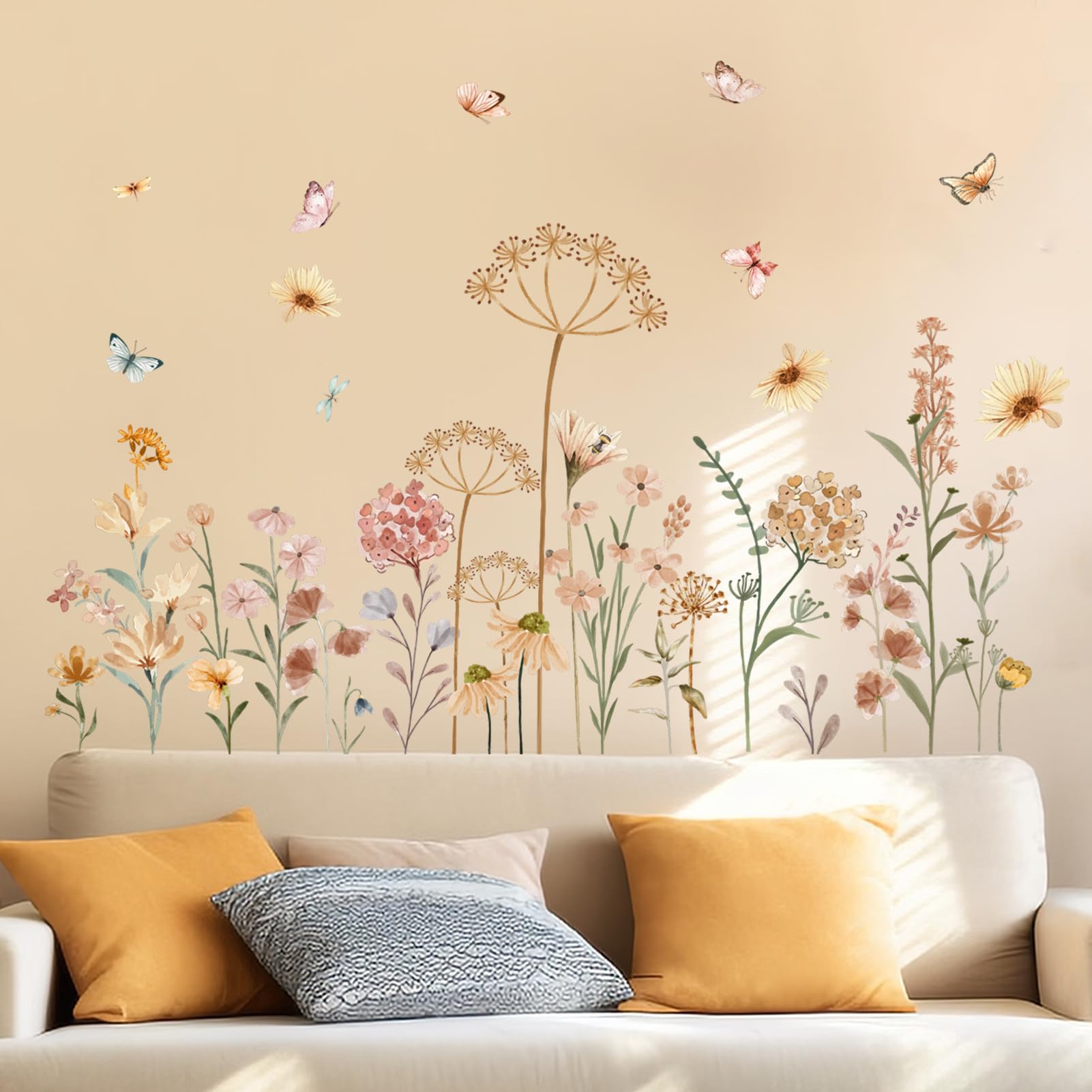 Boho Flower Wall Stickers for Bedroom: Peel and Stick Wildflower Floral Butterflies Wall Stickers - Image 2